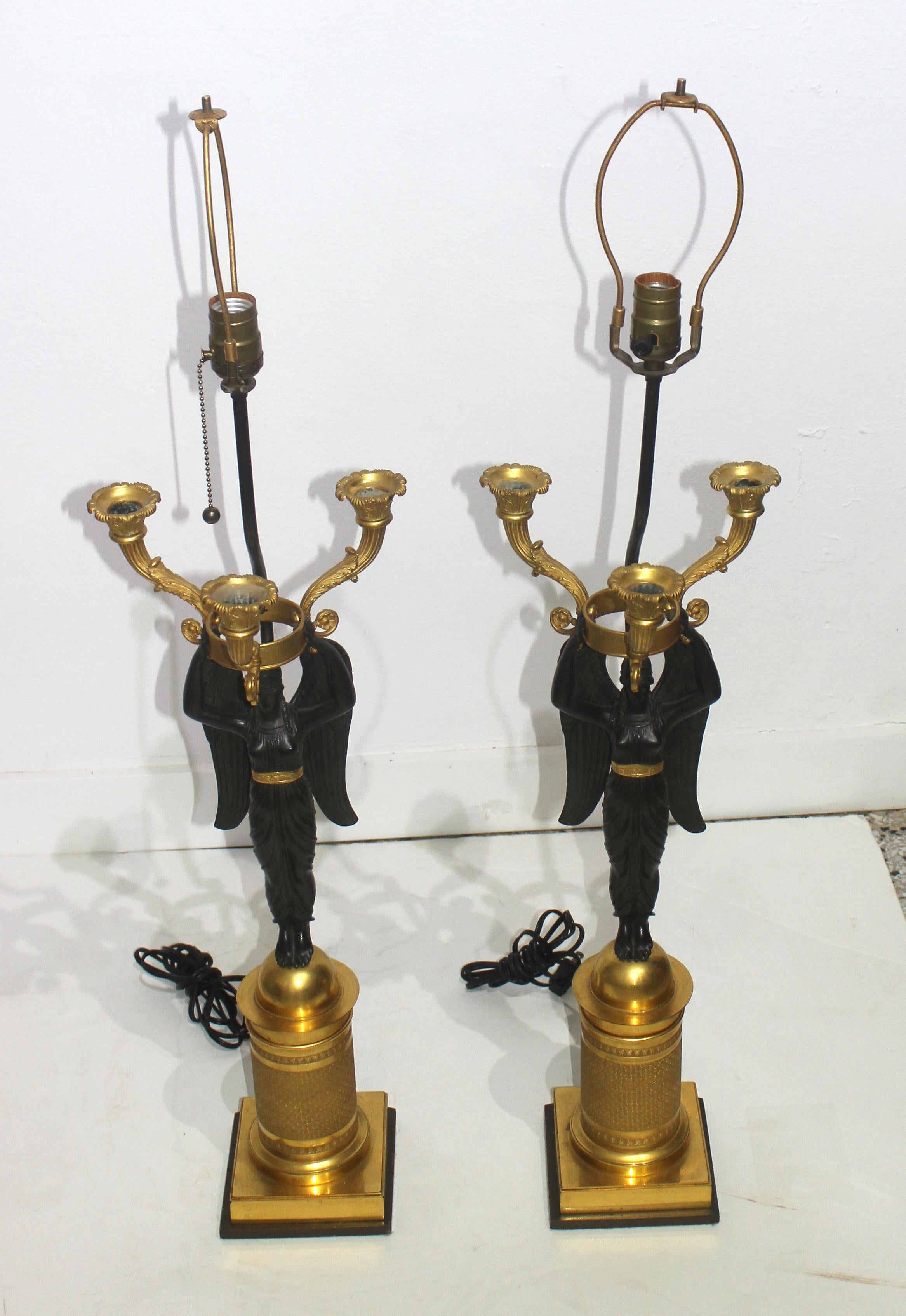 Pair of French Empire Bronze Candleabra Lamps For Sale 9