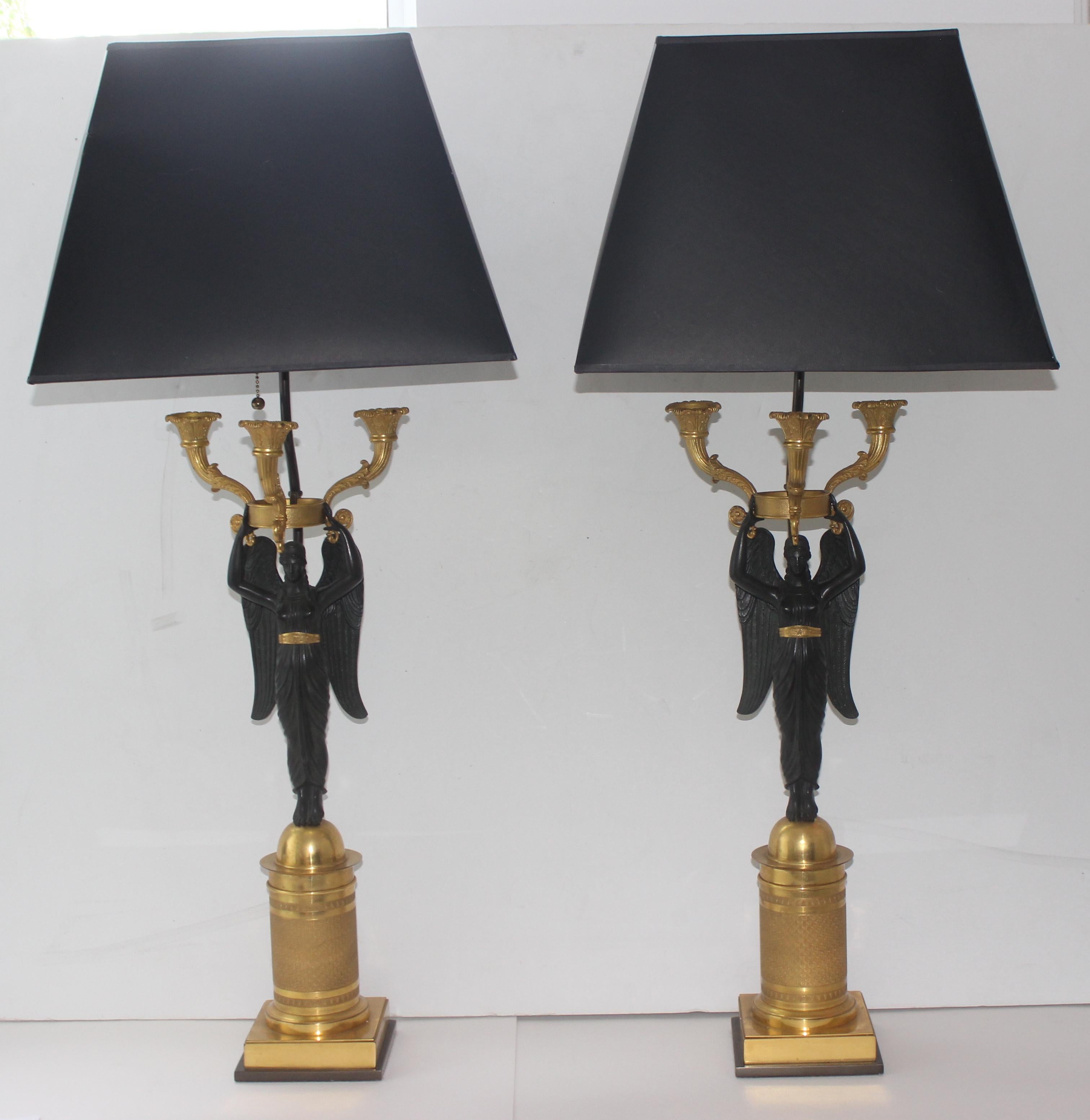 19th Century Pair of French Empire Bronze Candleabra Lamps For Sale
