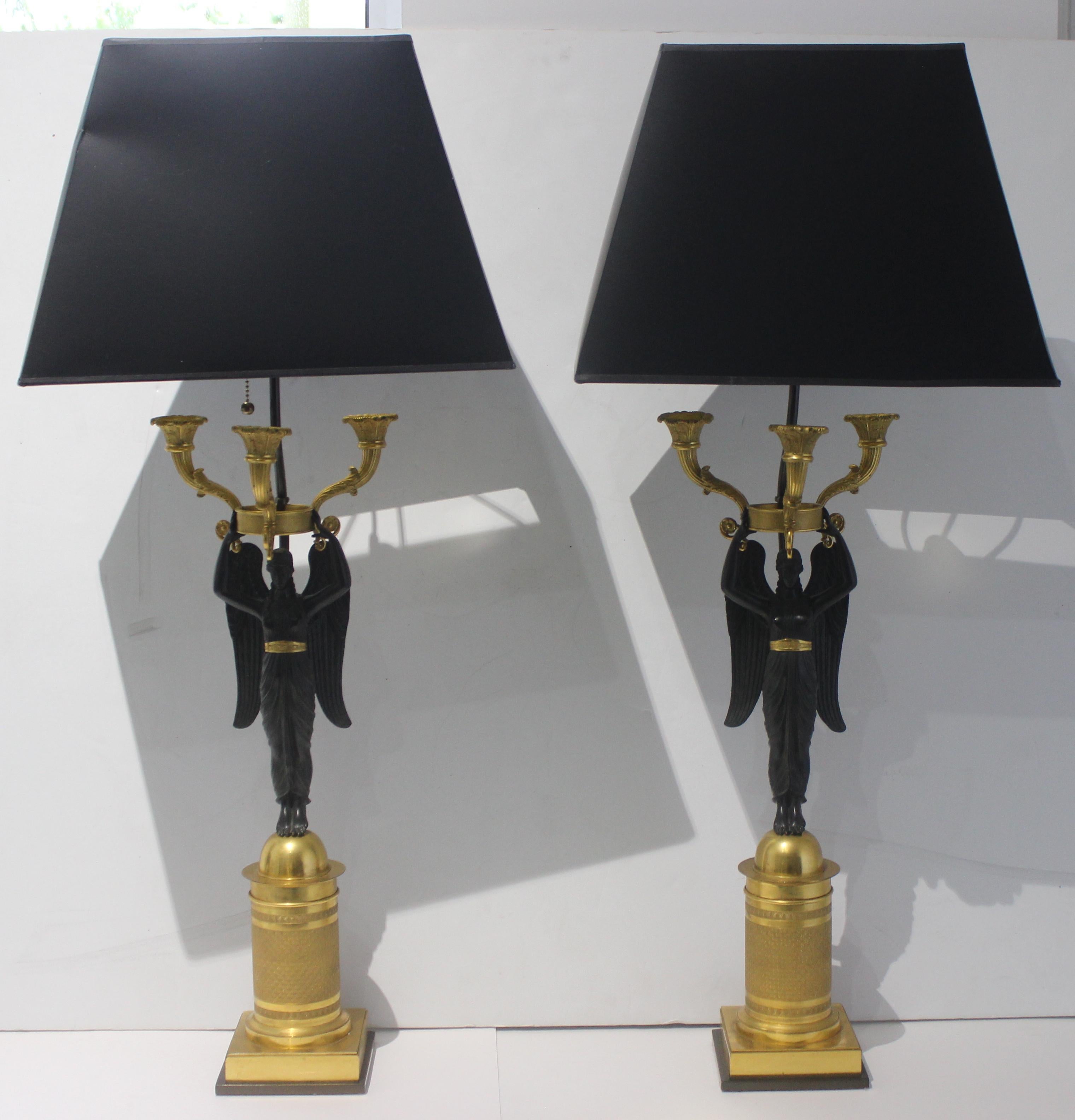 Pair of French Empire Bronze Candleabra Lamps For Sale 1