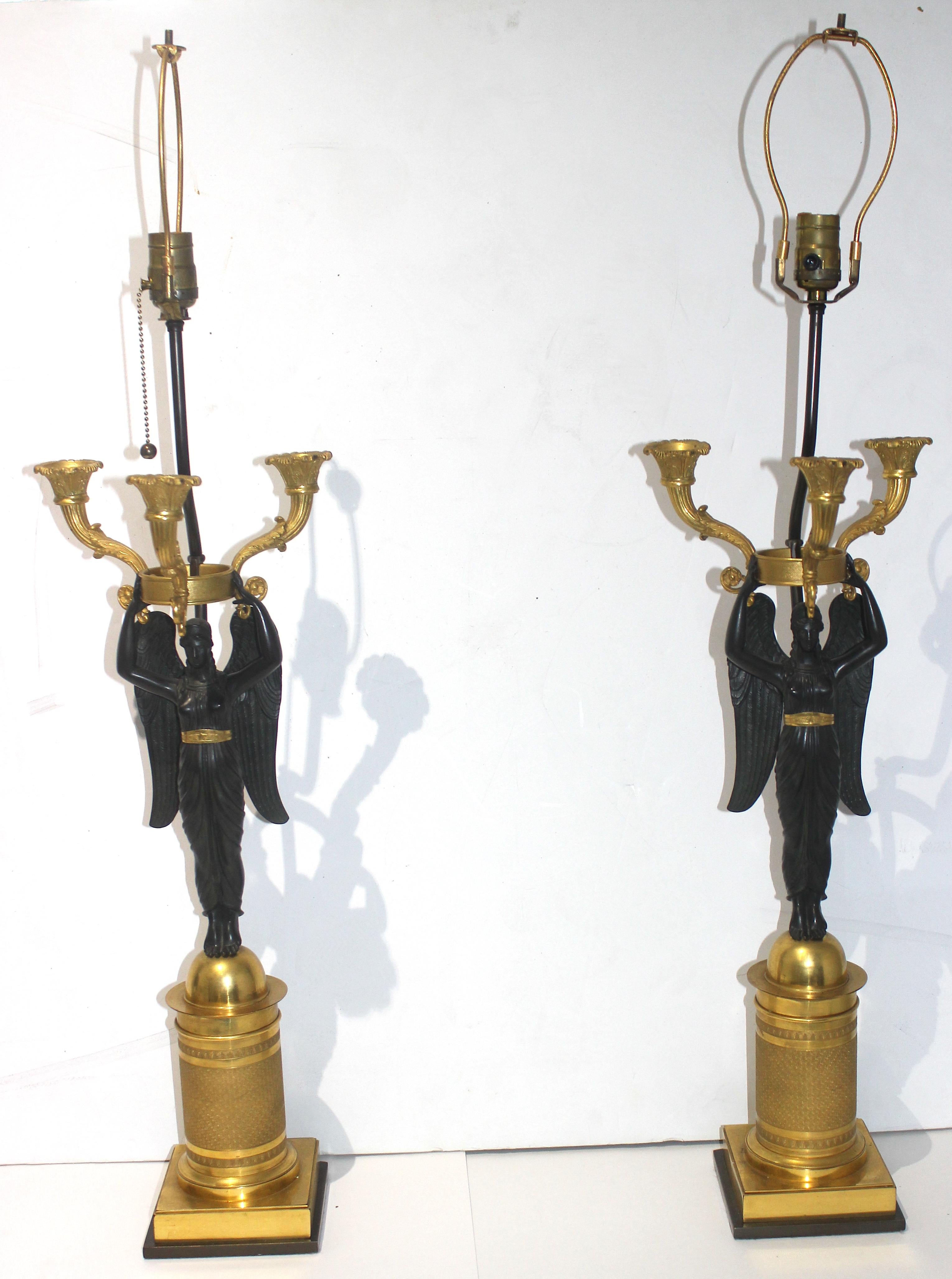 Pair of French Empire Bronze Candleabra Lamps For Sale 2