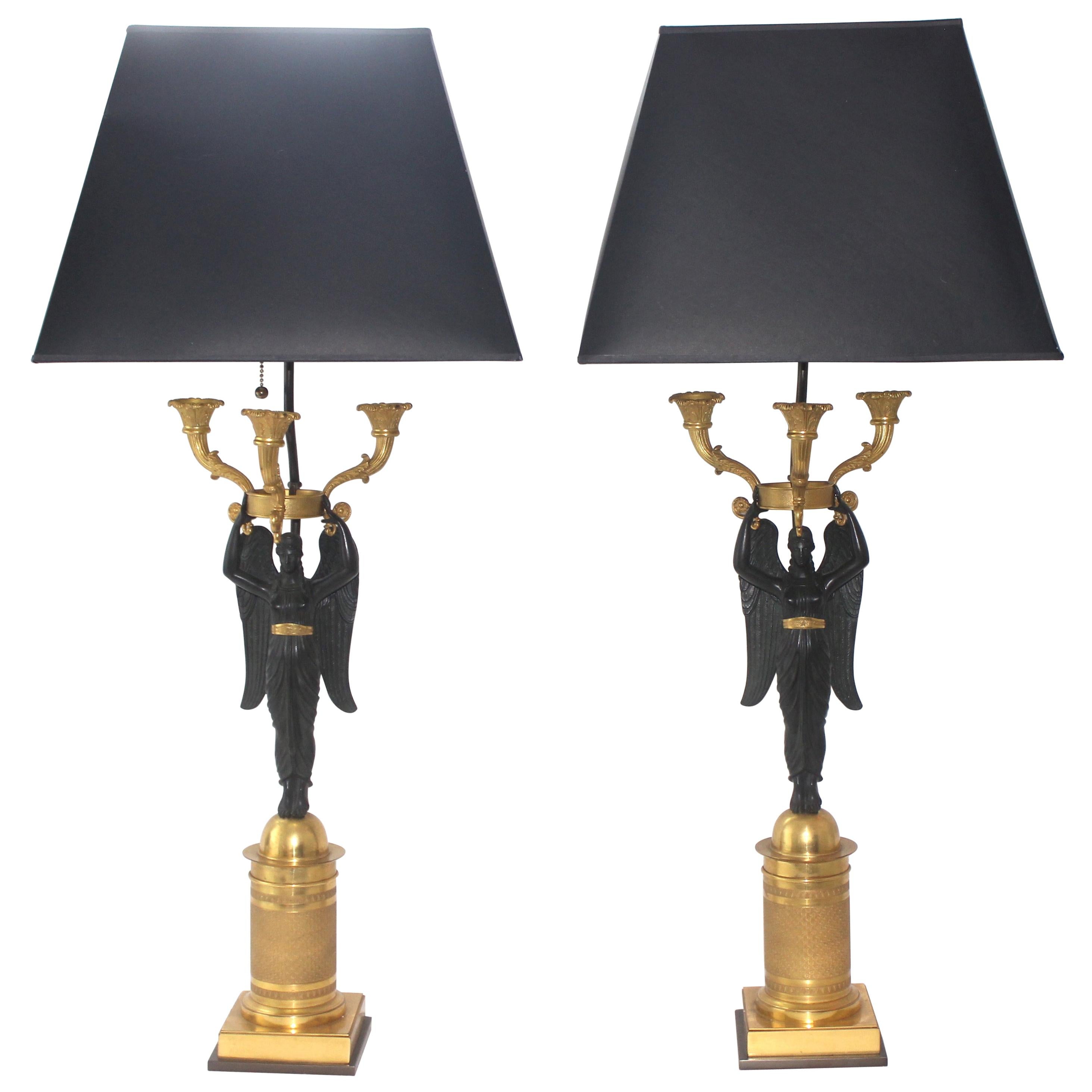 Pair of French Empire Bronze Candleabra Lamps