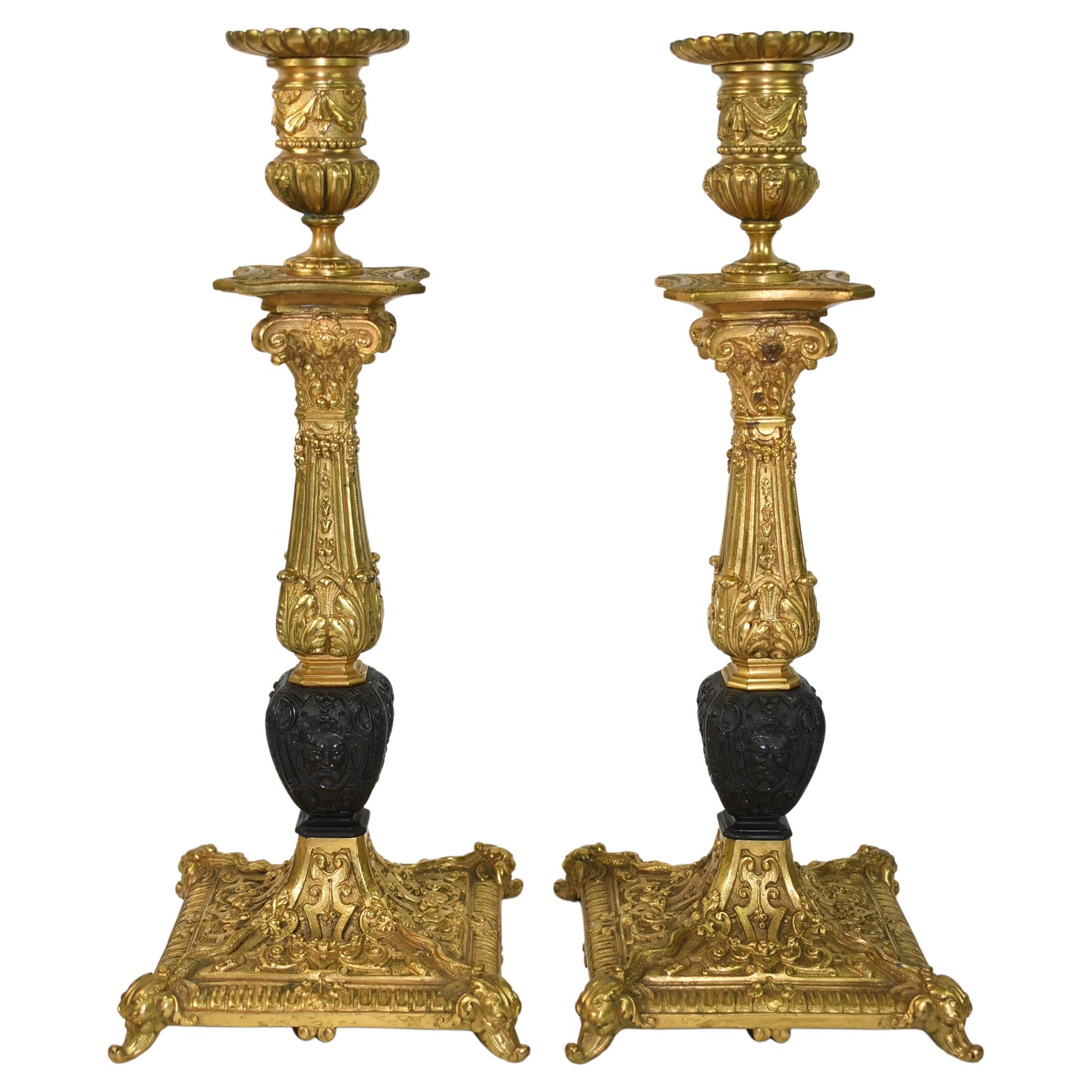 Pair of French Empire Bronze Candlesticks For Sale