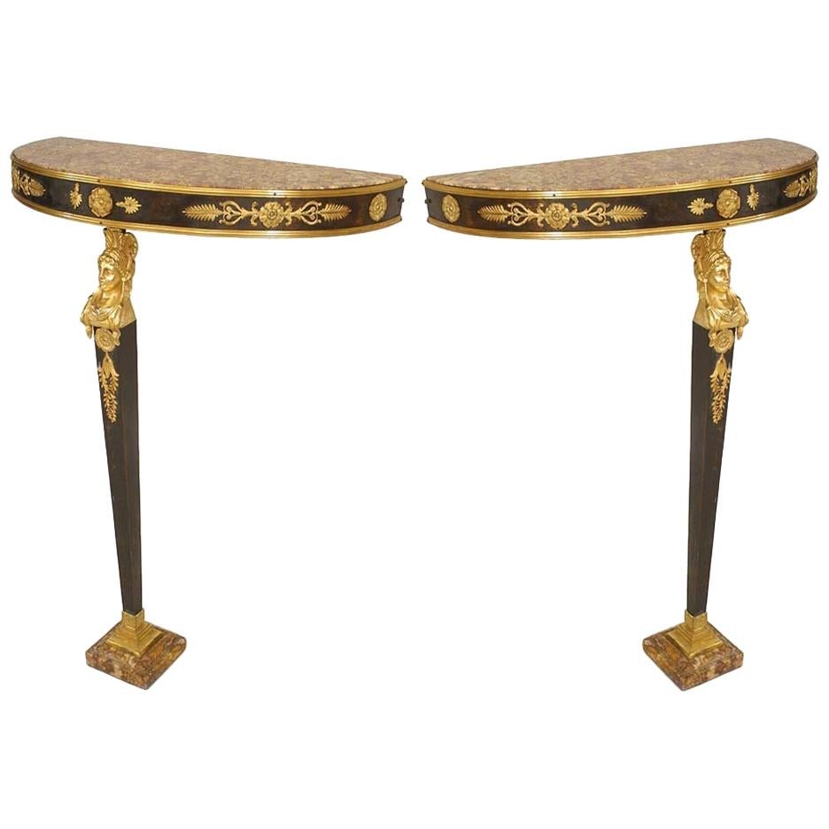 Pair of French Empire Bronze Dore and Marble Console Tables For Sale