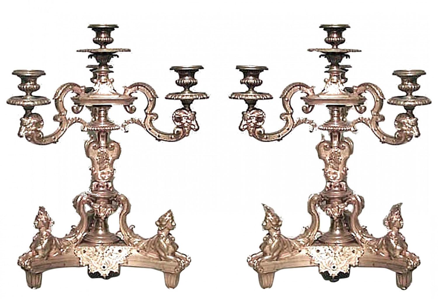 Stile impero Pair of French Empire Bronze Dore Candelabras with Sphinx Figures in vendita