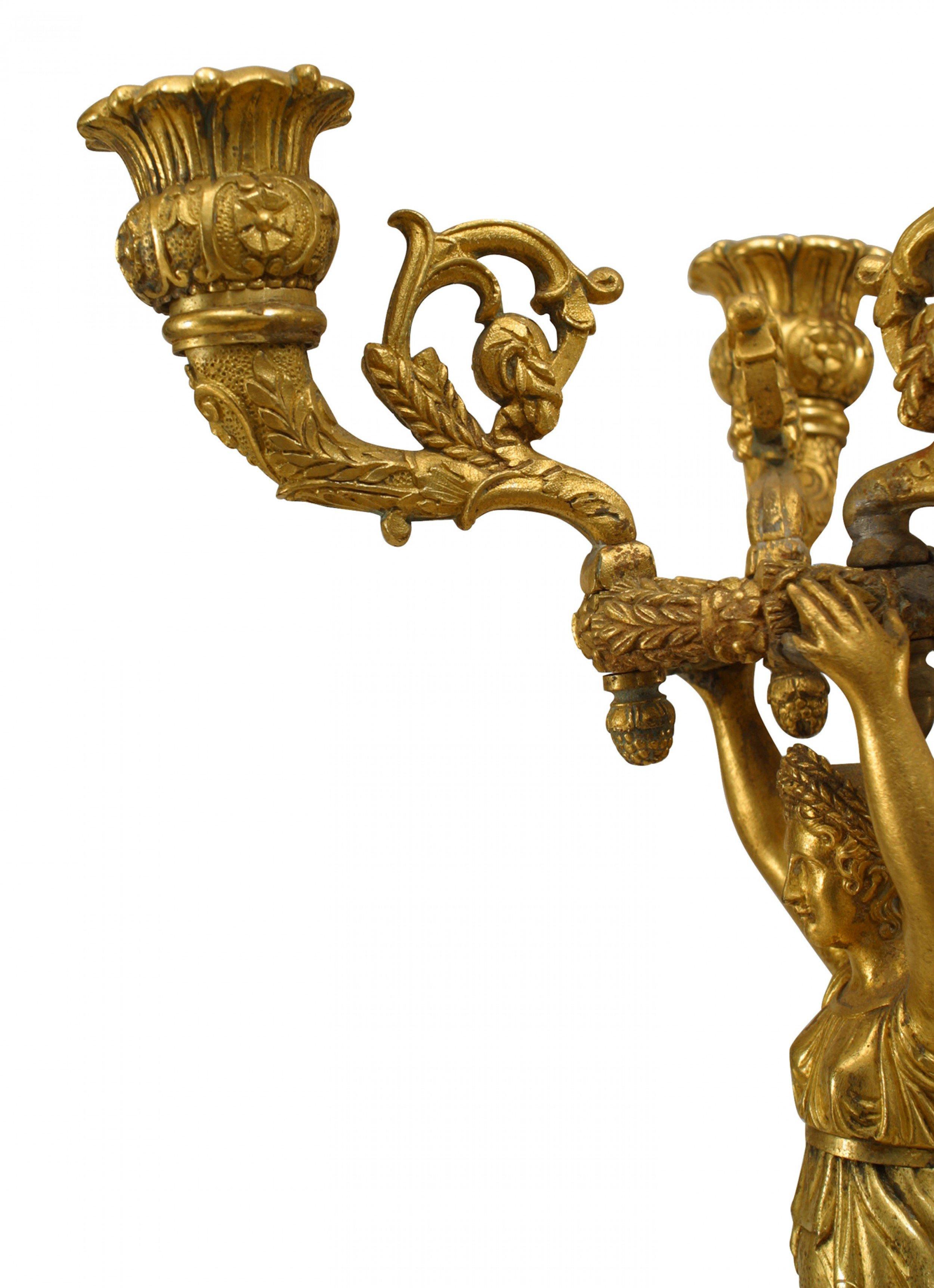 19th Century Pair of French Empire Bronze Dore Candelabras with Winged Figures For Sale