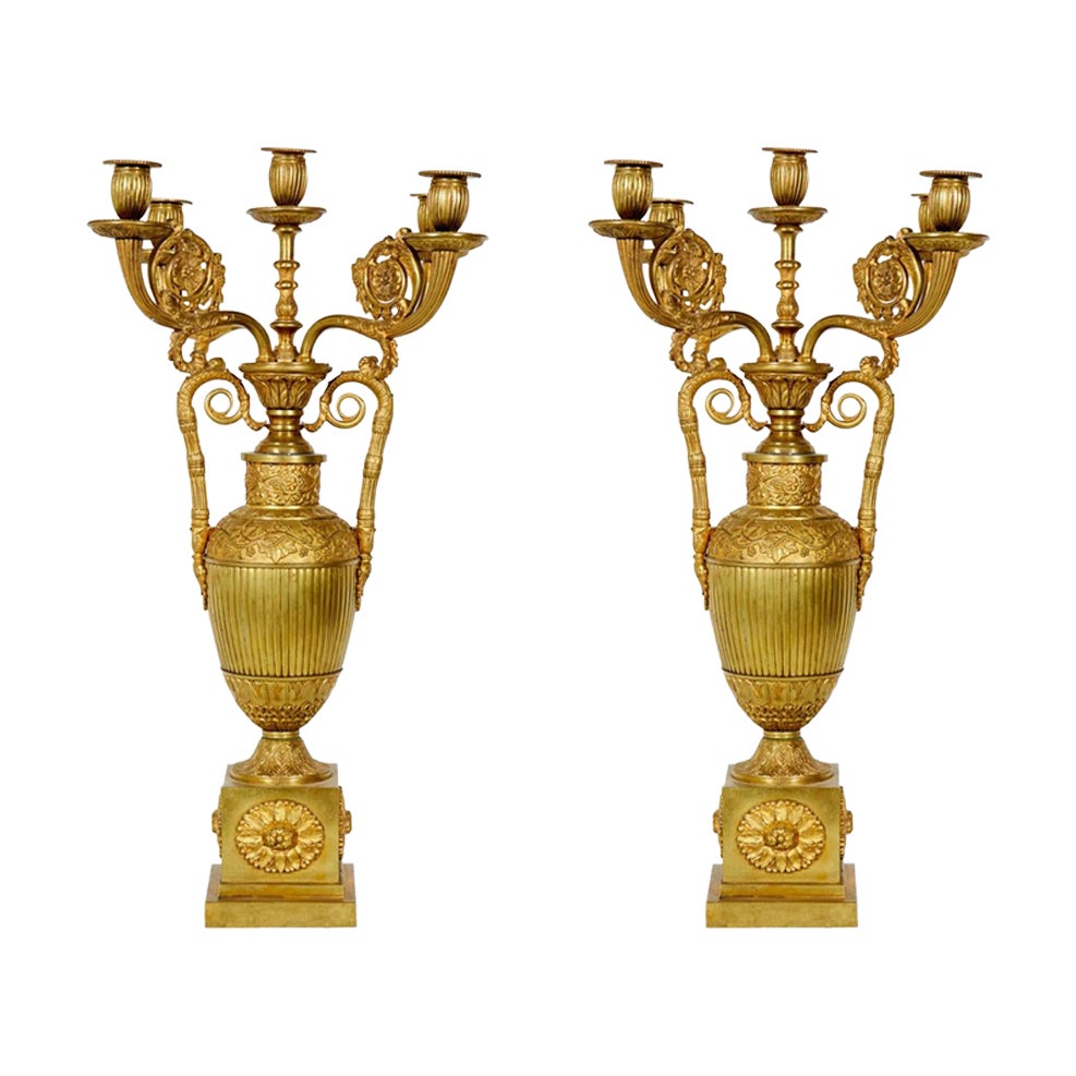 Pair of French Empire Bronze Dore Urn Candelabras in vendita