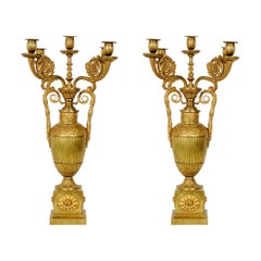 Pair of French Empire Bronze Dore Urn Candelabras