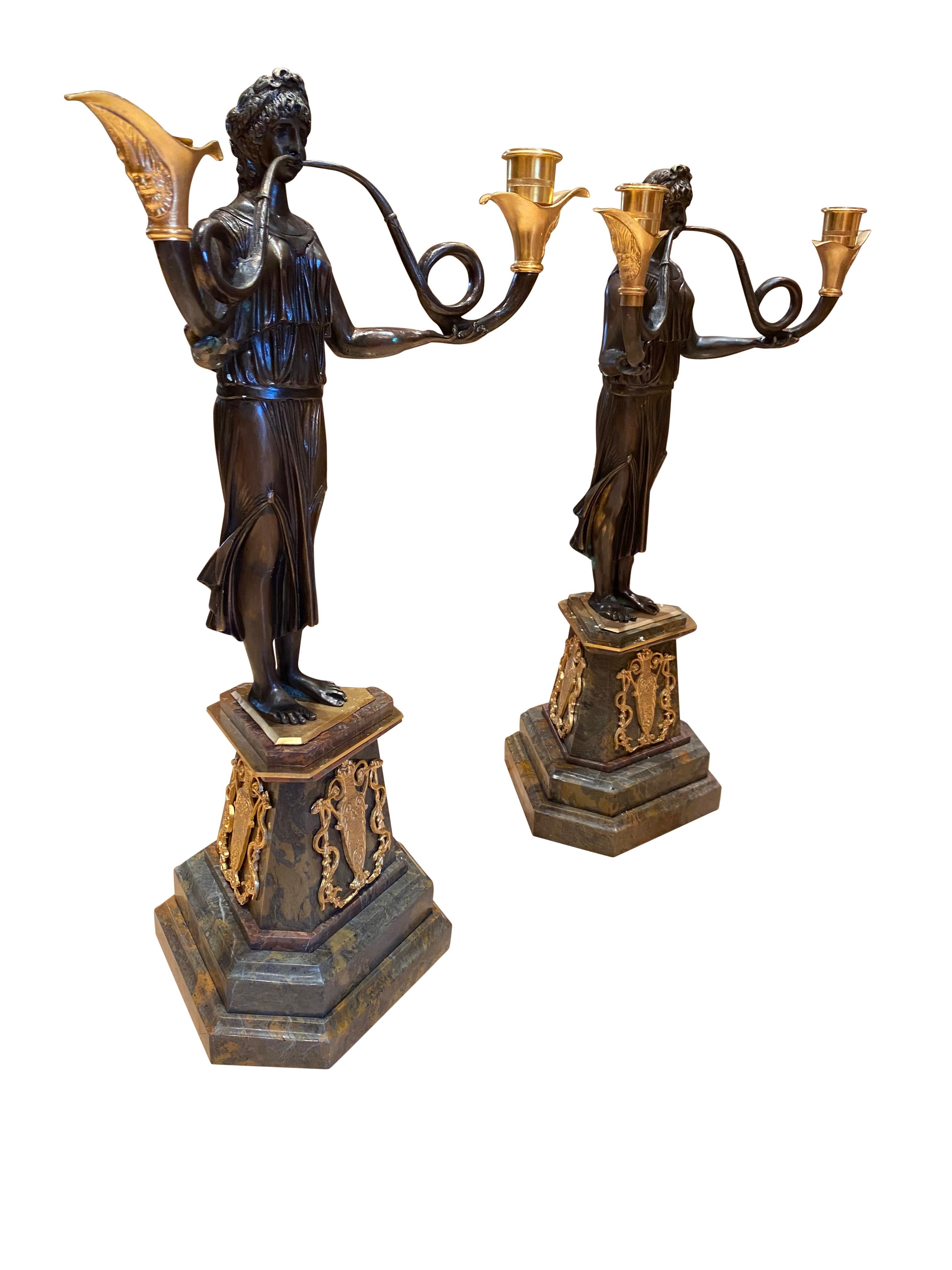 Pair of French Empire Candelabras on Marble bases, 20th Century In Excellent Condition For Sale In London, GB