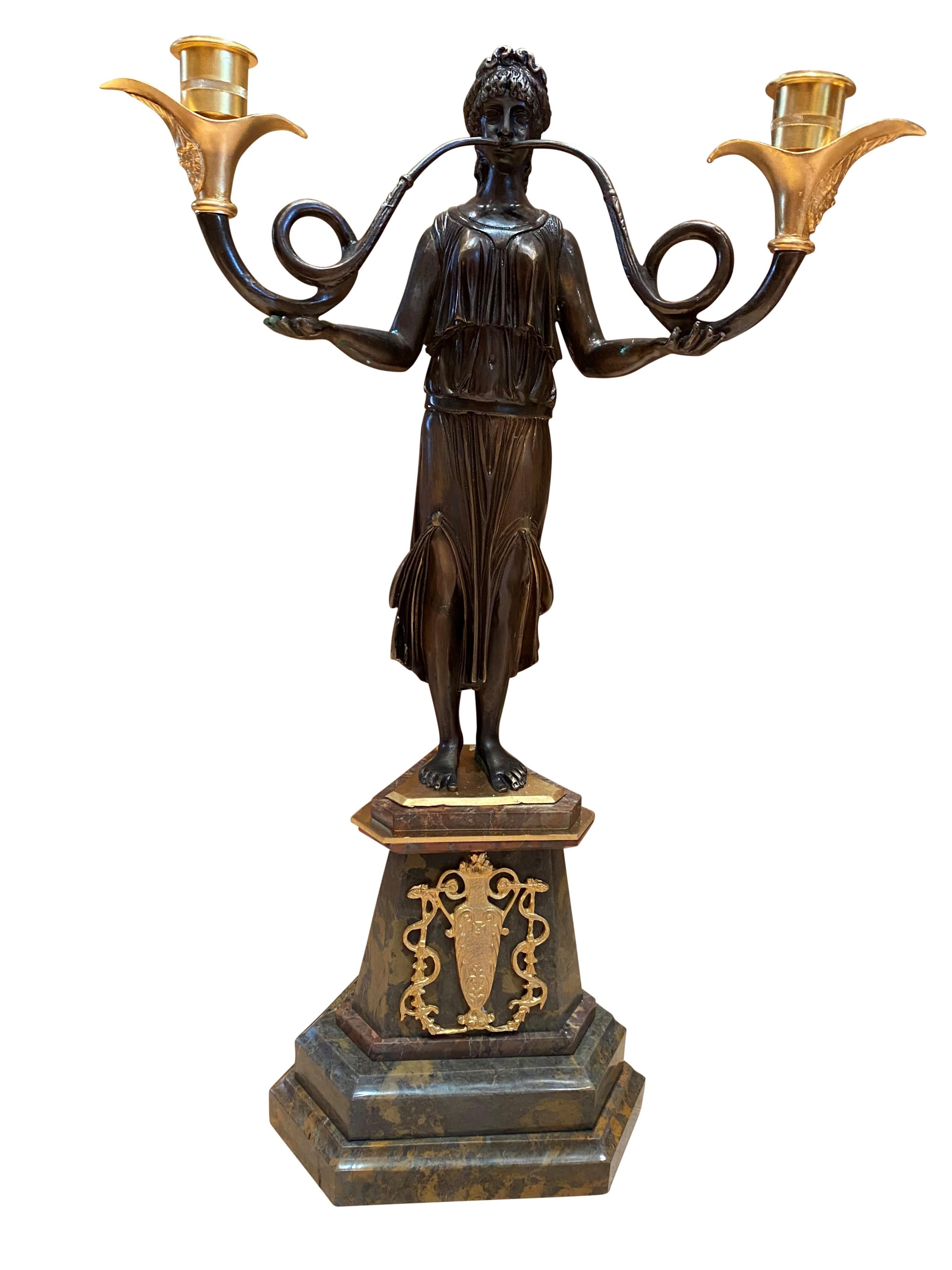 Bronze Pair of French Empire Candelabras on Marble bases, 20th Century For Sale