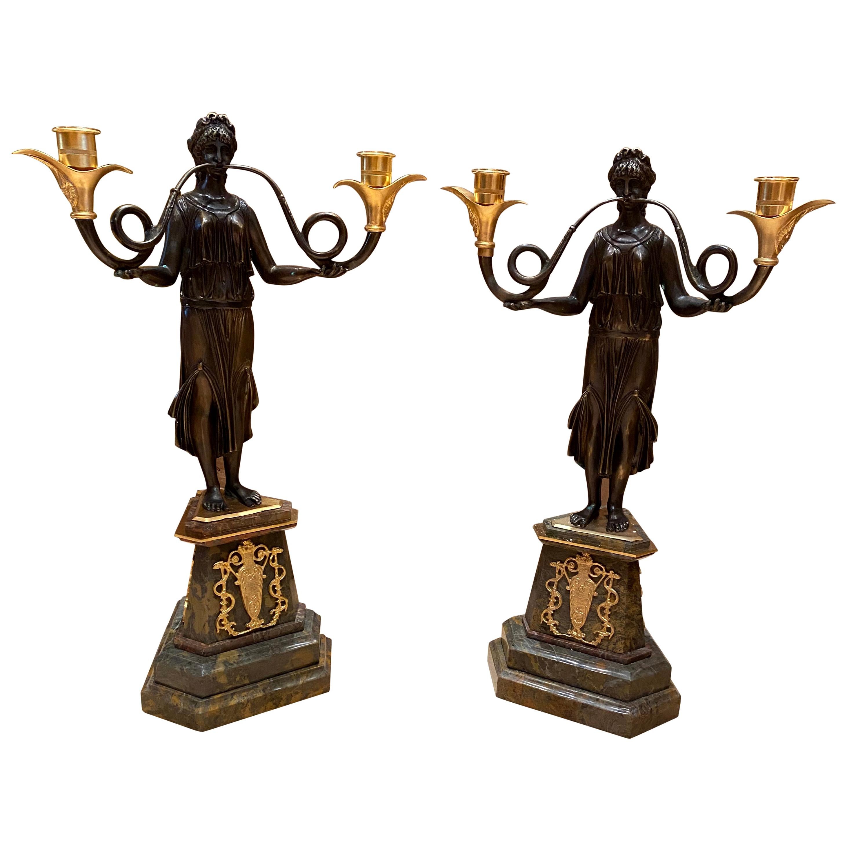 Pair of French Empire Candelabras on Marble bases, 20th Century For Sale
