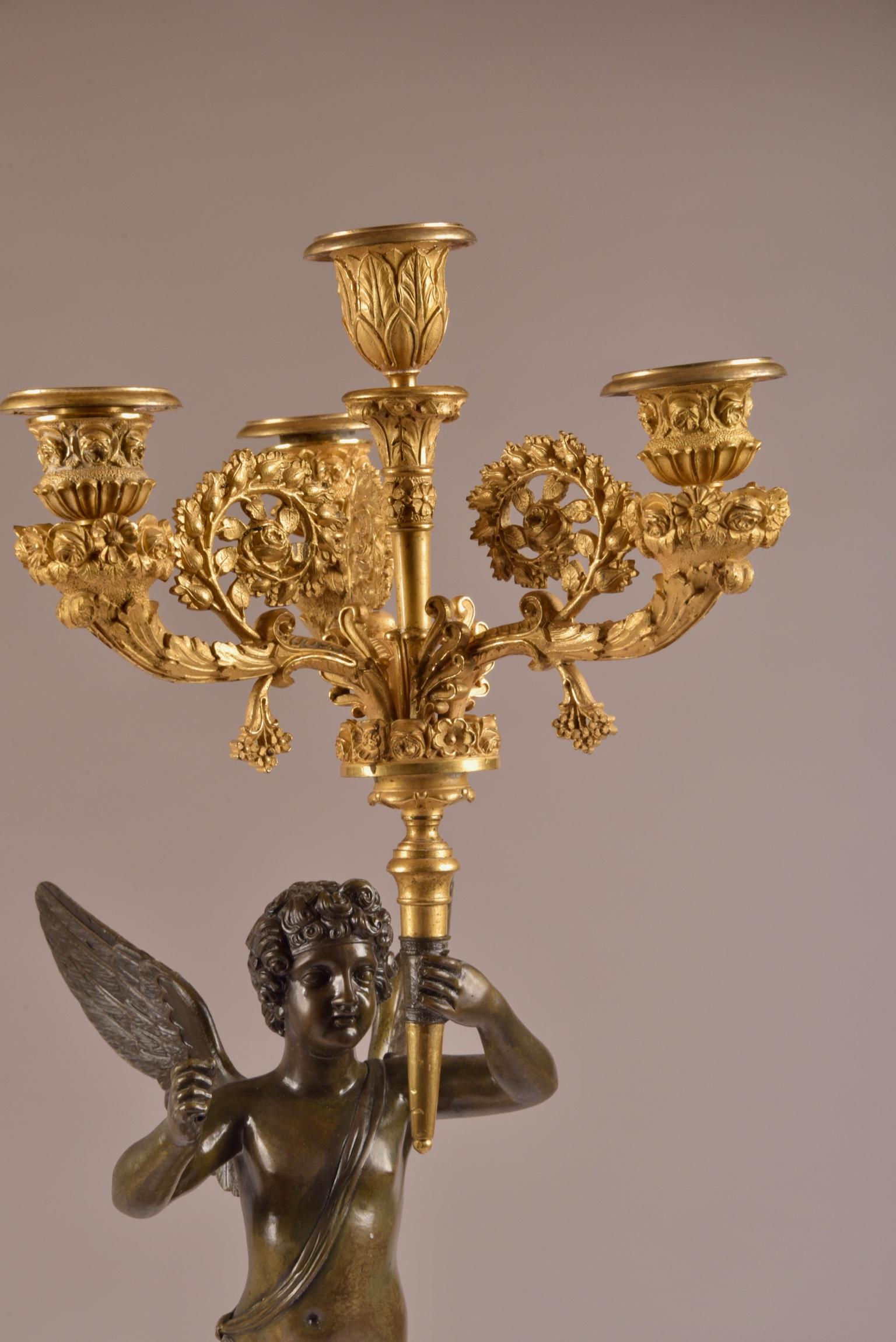 Patinated Pair of French Empire Candelabras with Putti, Superb Ormolu Candleholders, 1810  For Sale