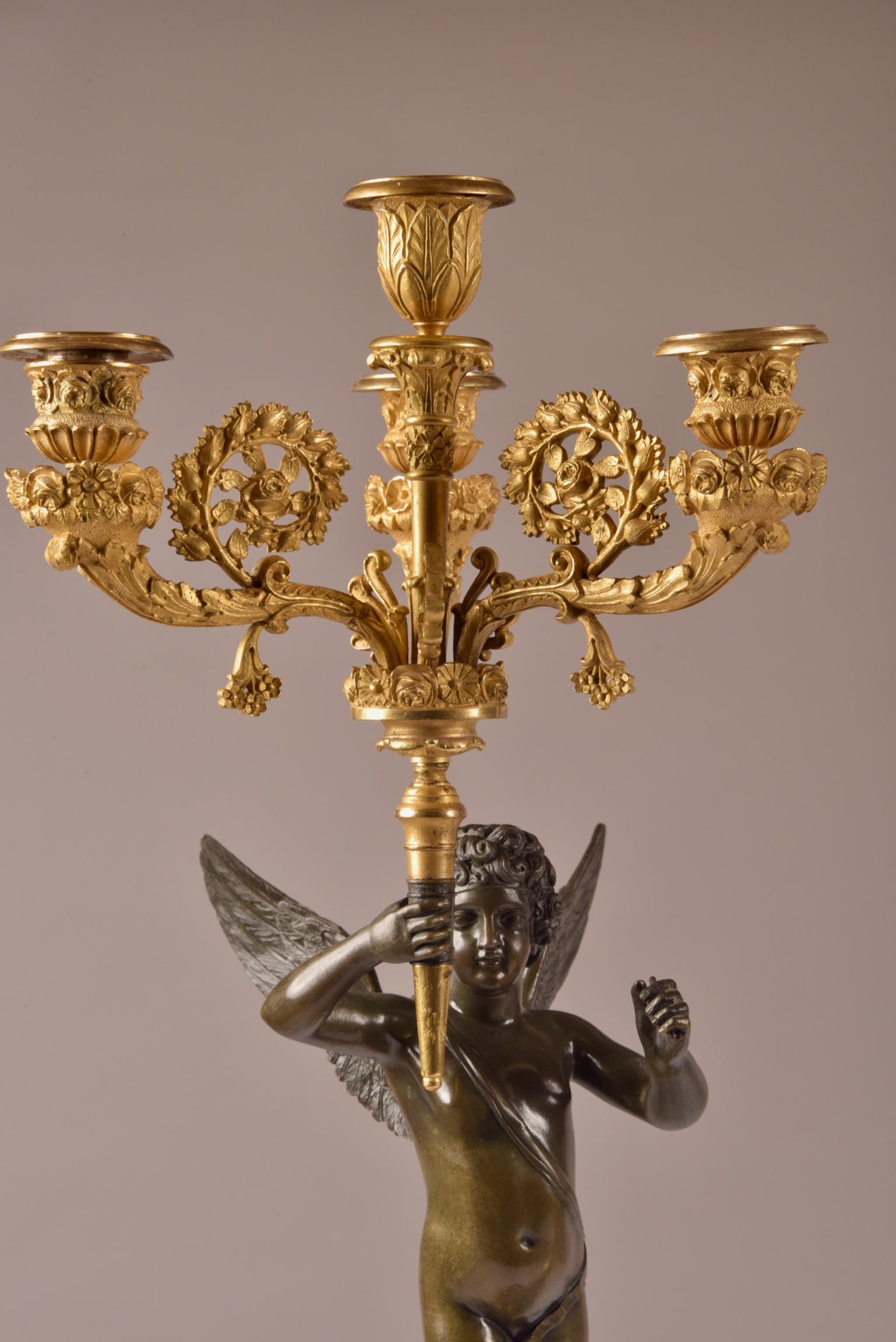 Pair of French Empire Candelabras with Putti, Superb Ormolu Candleholders, 1810  (Patiniert) im Angebot