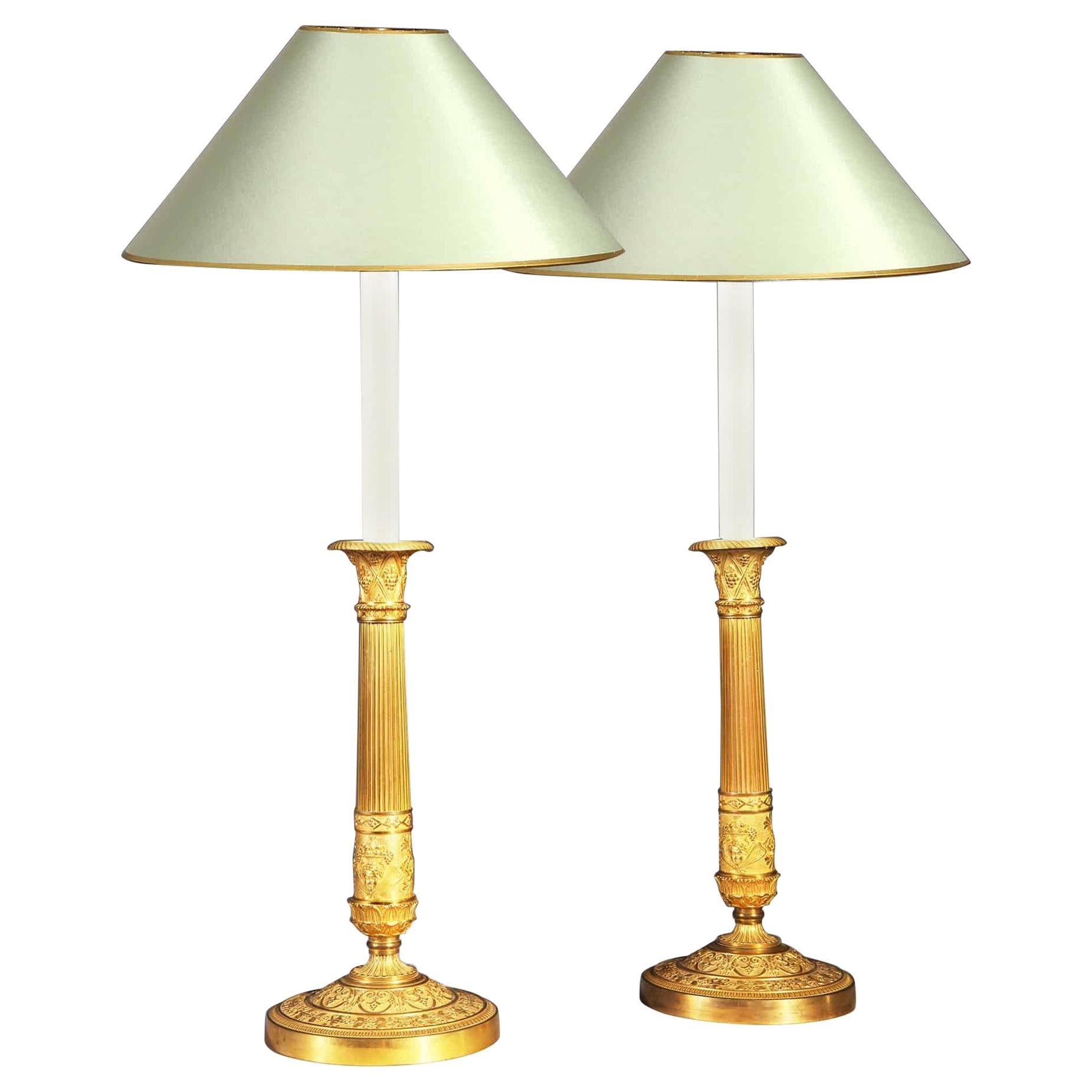 Pair of French Empire Candlesticks, Gilt Bronze Early 19th Century Desk Lamps