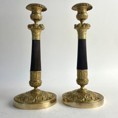 Pair of French Empire Candlesticks in Gilt and Patinated Bronze, circa 1820