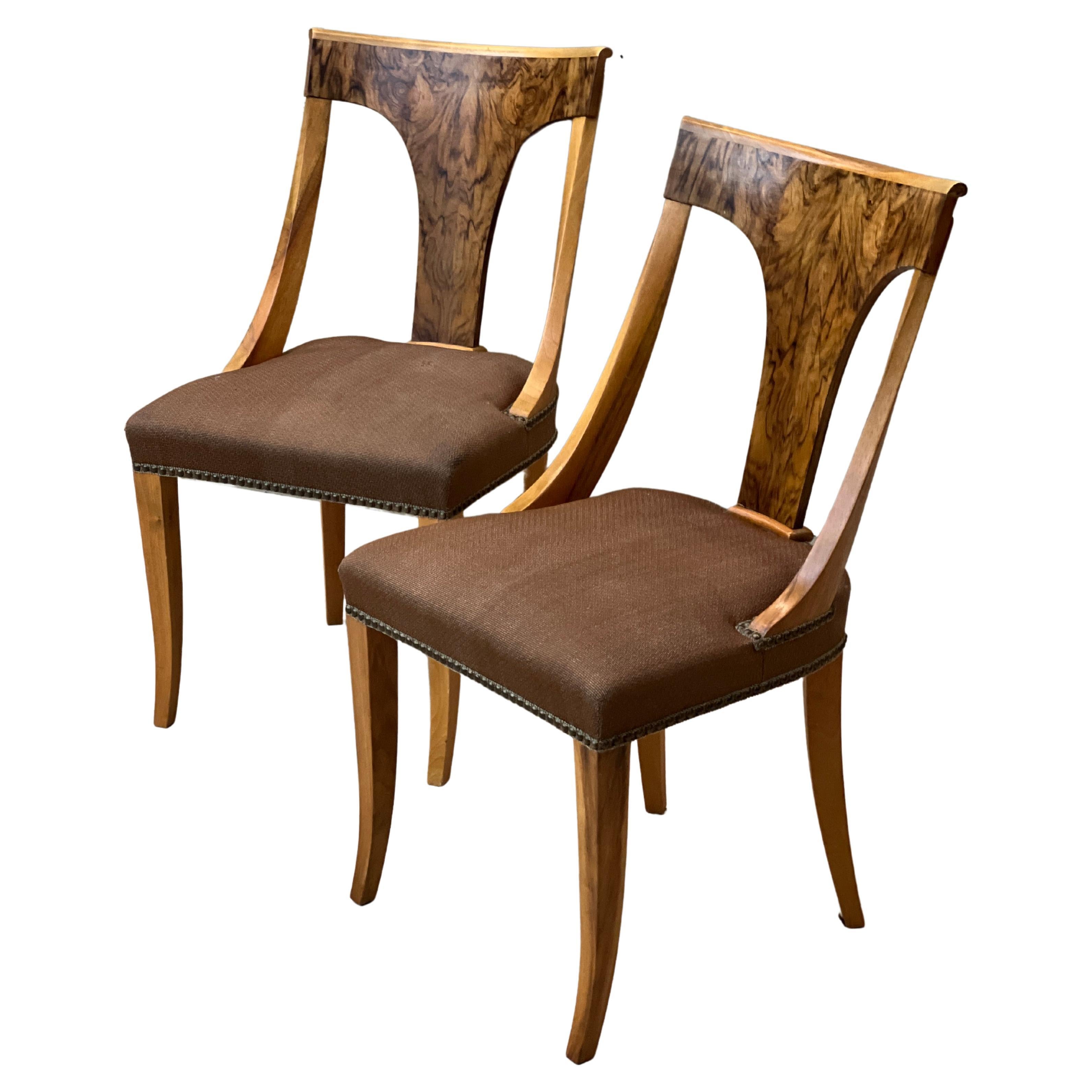 Pair of French Empire Chairs in Gondola Style, Walnut, 1840 ies For Sale