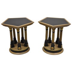 Retro Pair of French Empire Corinthian Column Glass Top Hexagon Small Side Tables