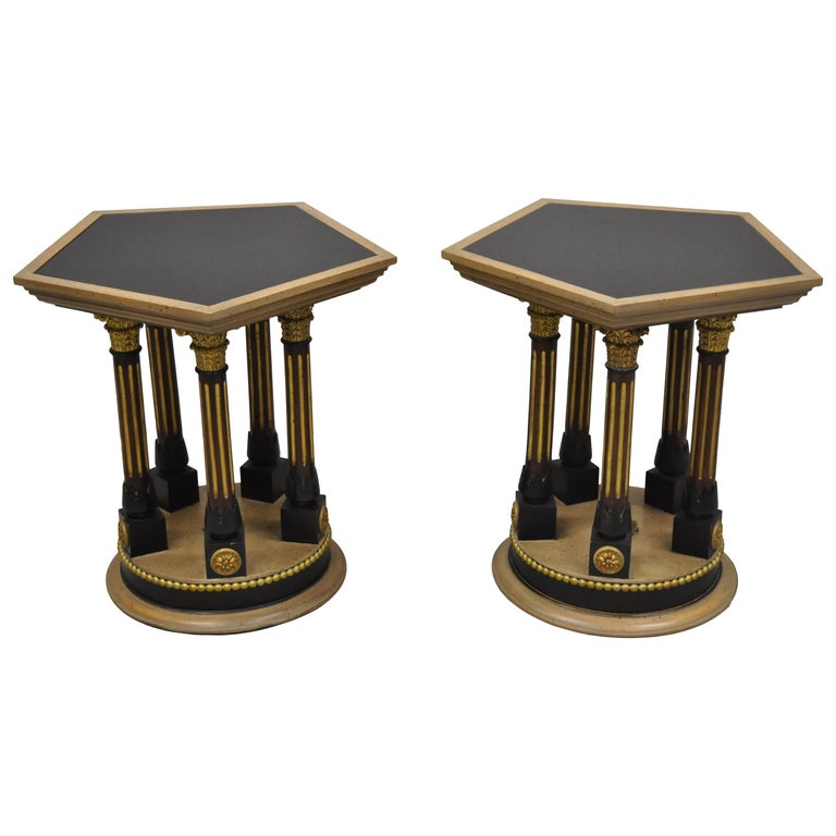 French Pair of Empire Corinthian-Column Hexagonal Side Tables, Mid-20th Century