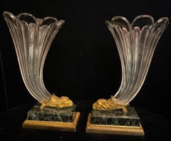 Pair of French Empire Crystal, Ormolu and Marble-Mounted Cornucopia Vases