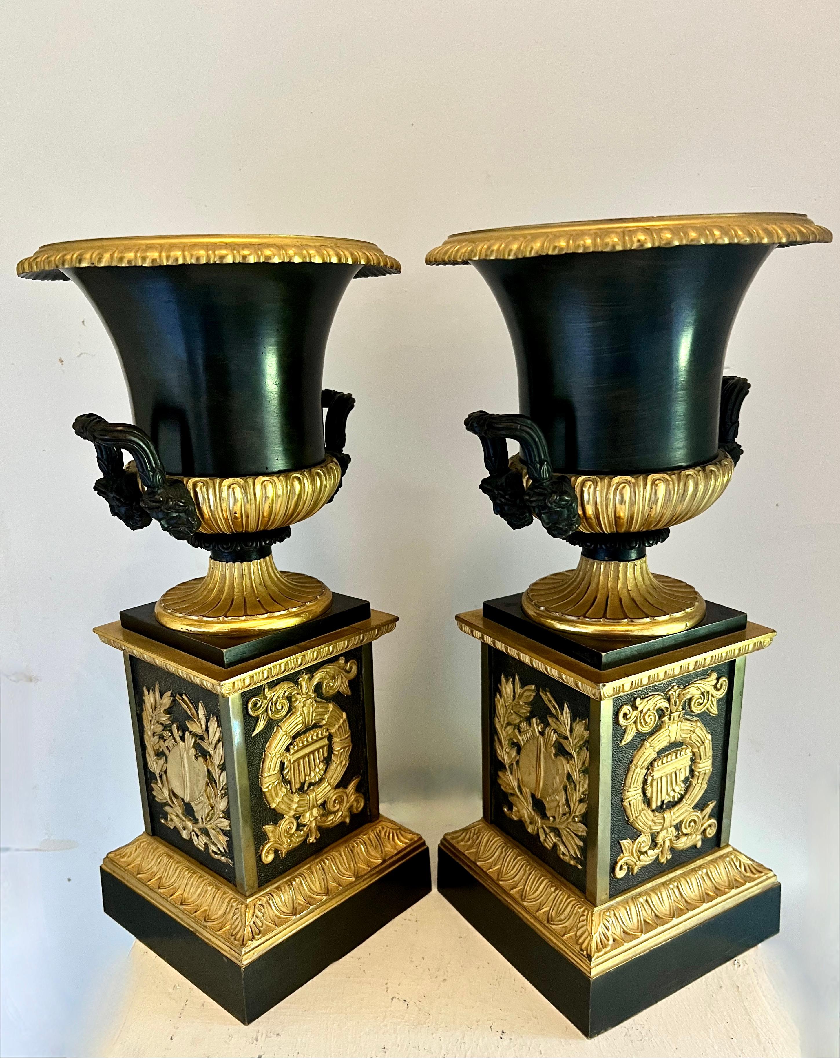 Pair of French Empire Dore Bronze Urns on Pedestals For Sale 5