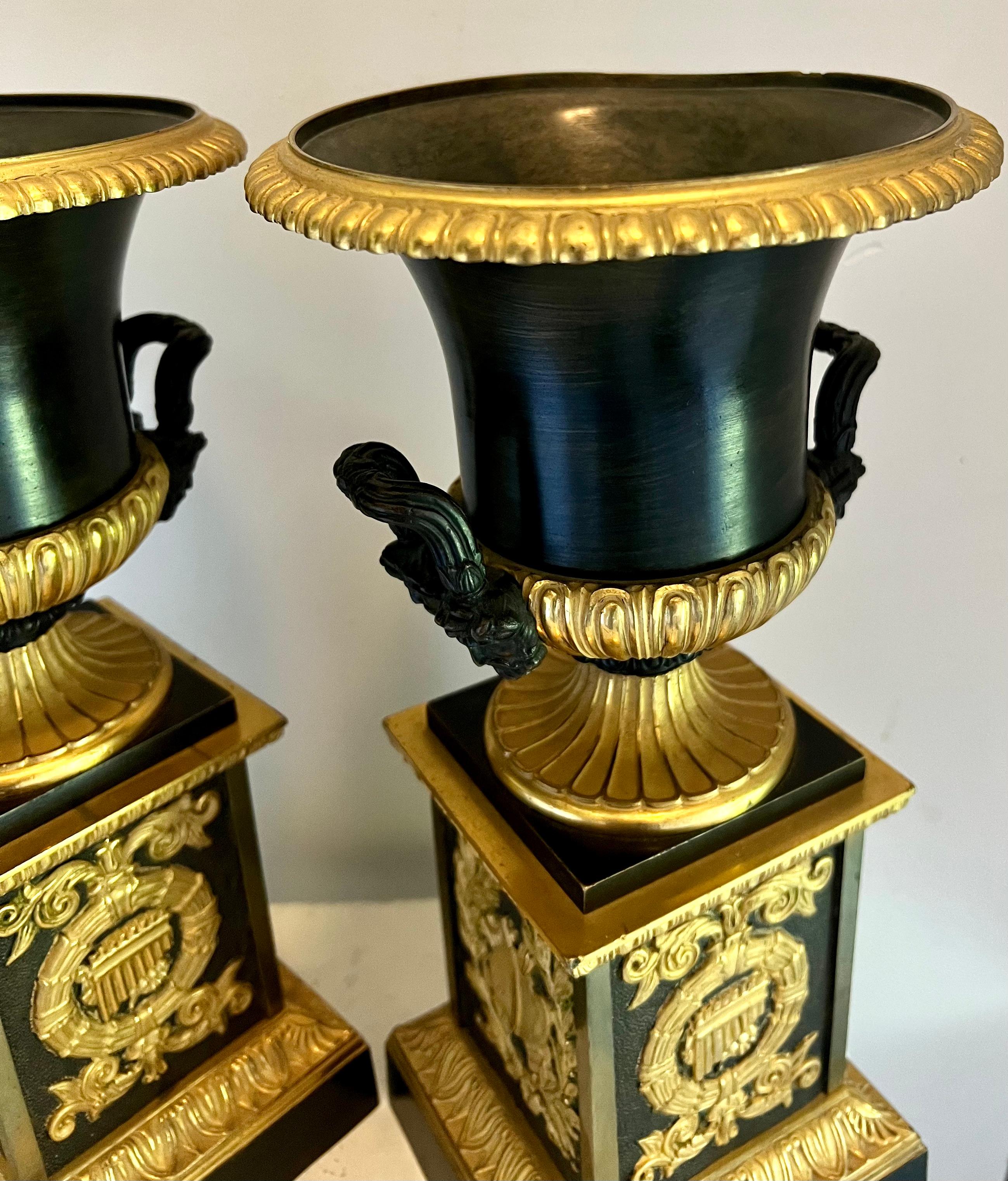 Pair of French Empire Dore Bronze Urns on Pedestals For Sale 6