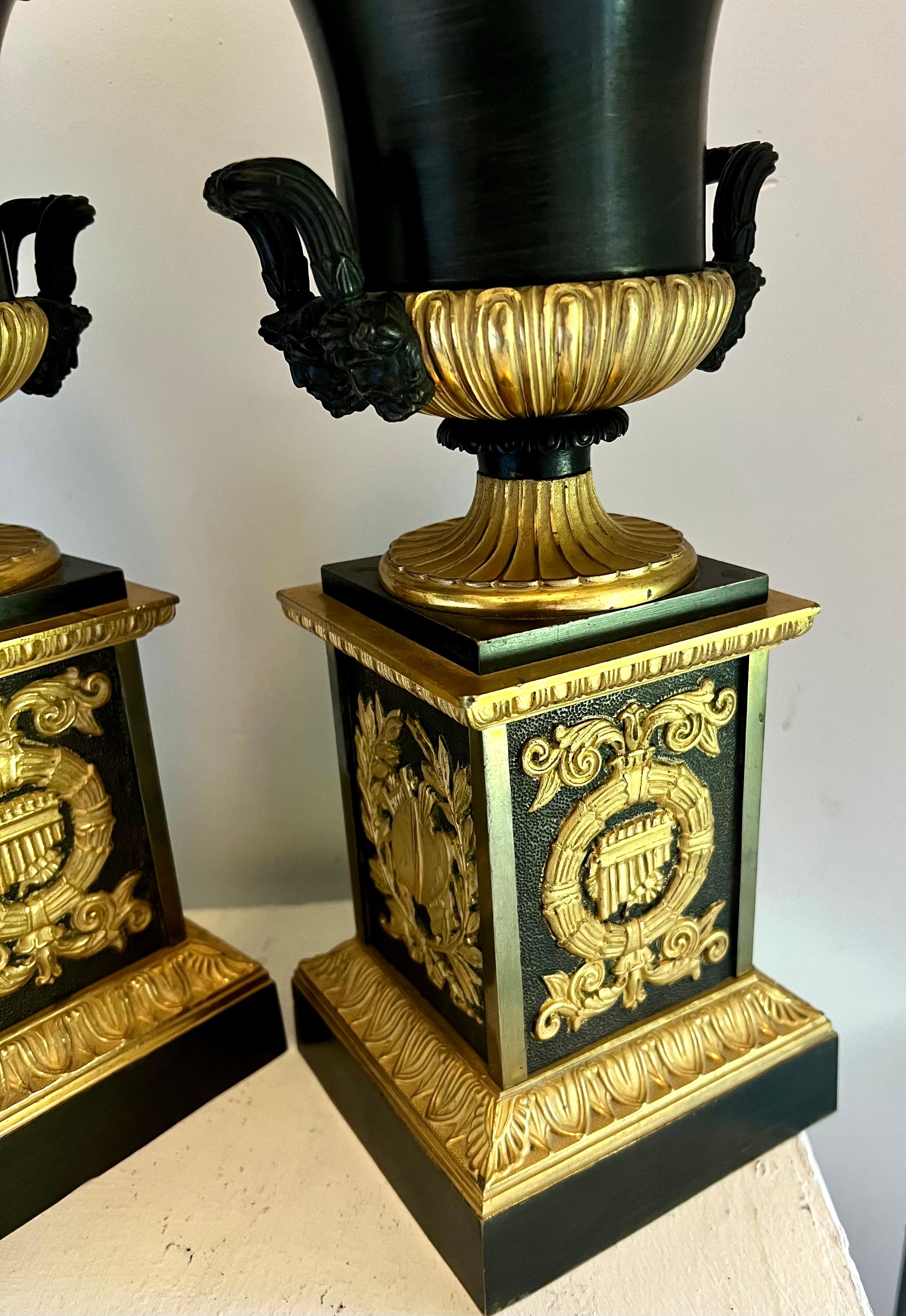 Pair of French Empire Dore Bronze Urns on Pedestals For Sale 7