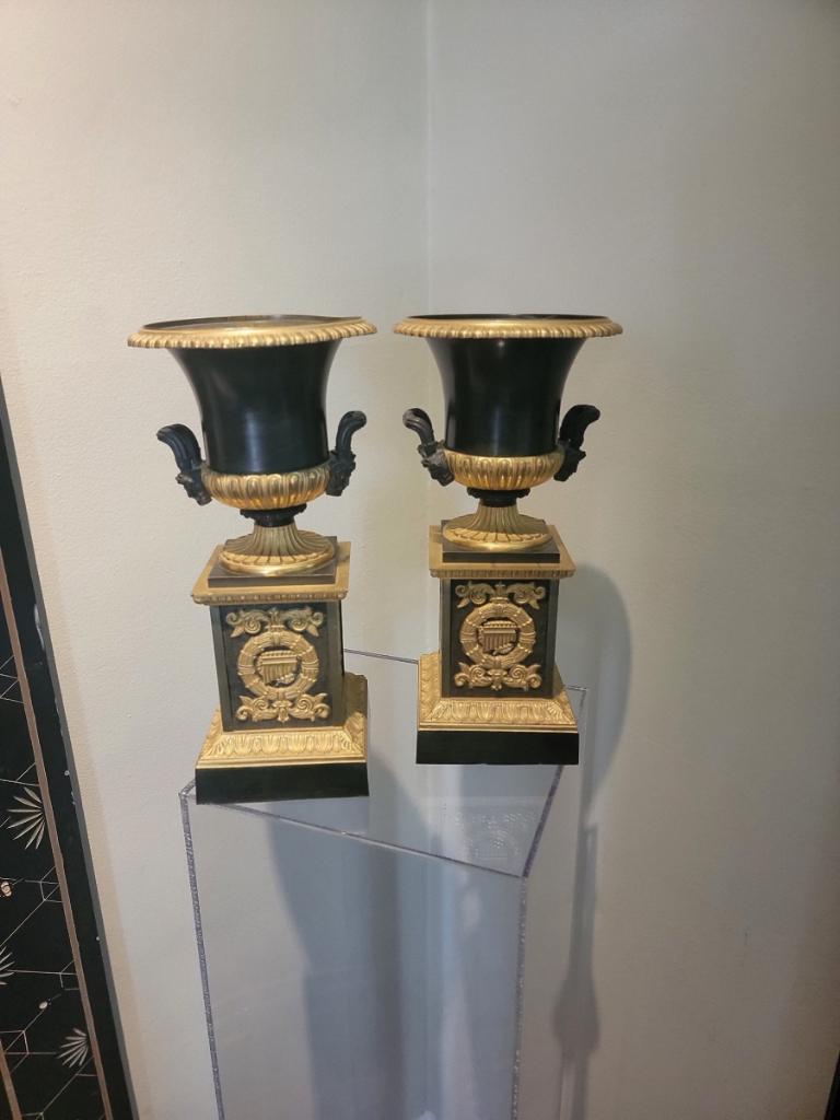 Pair of French Empire Dore Bronze Urns on Pedestals For Sale 9