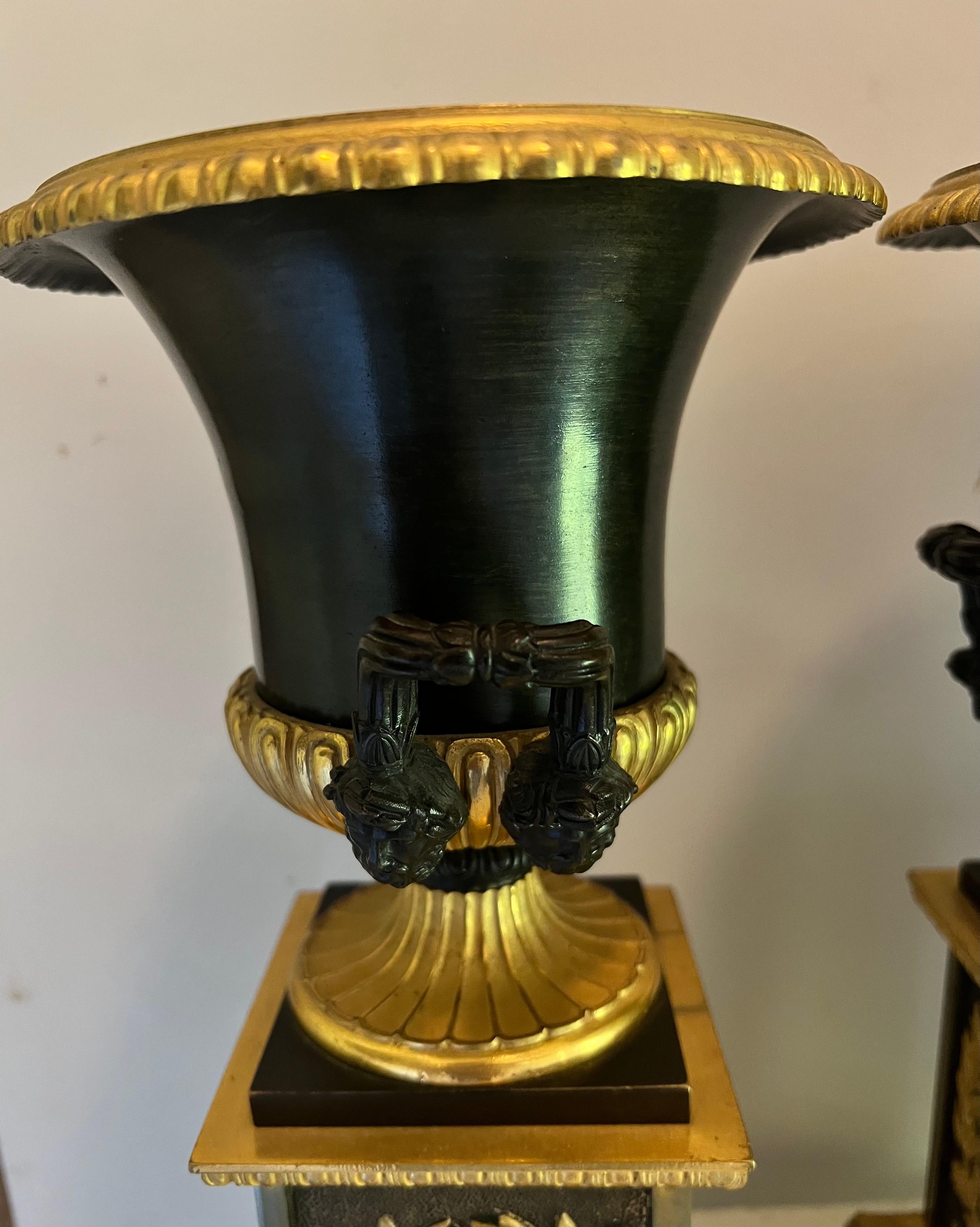 Pair of French Empire Dore Bronze Urns on Pedestals For Sale 2