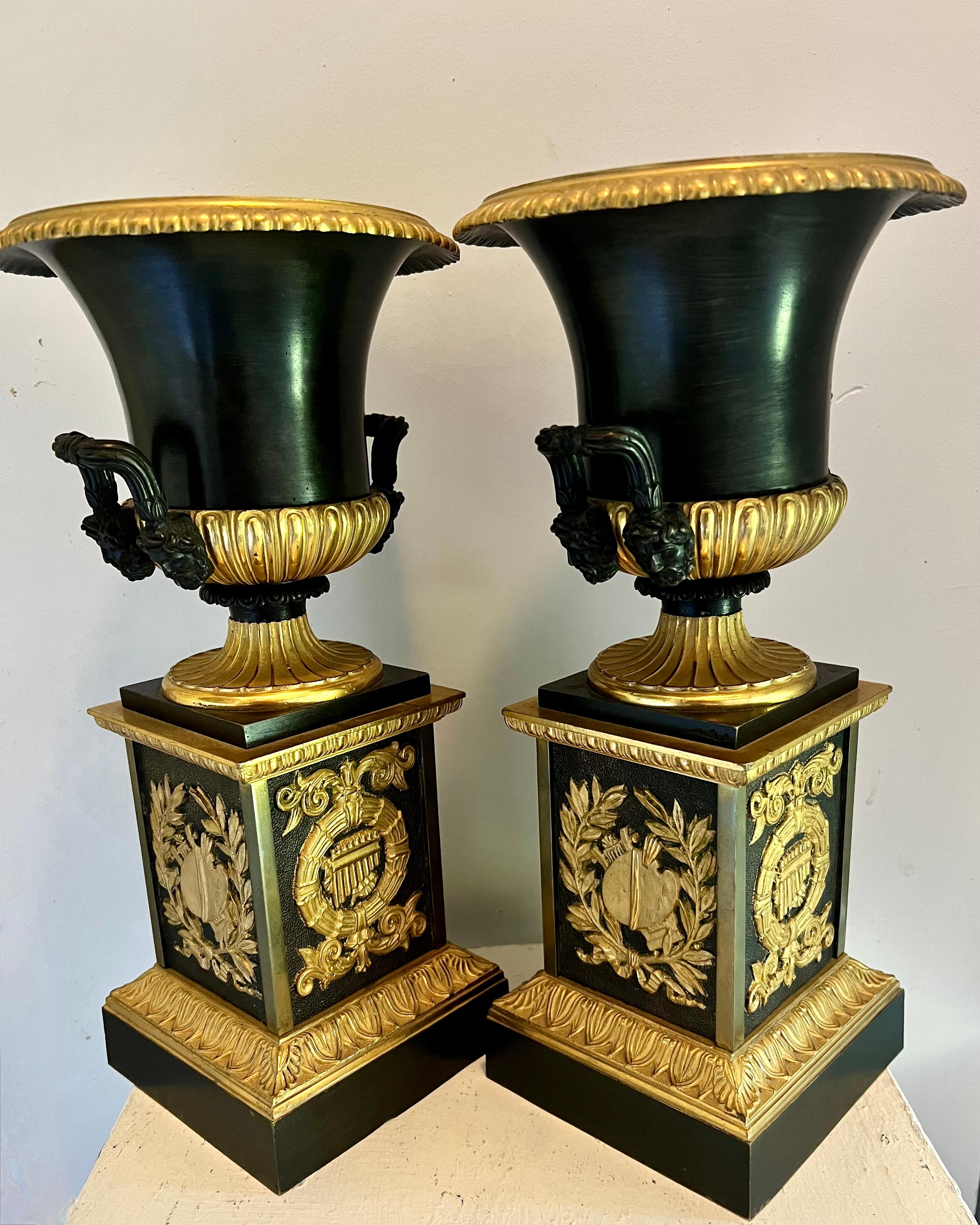 Pair of French Empire Dore Bronze Urns on Pedestals For Sale 3
