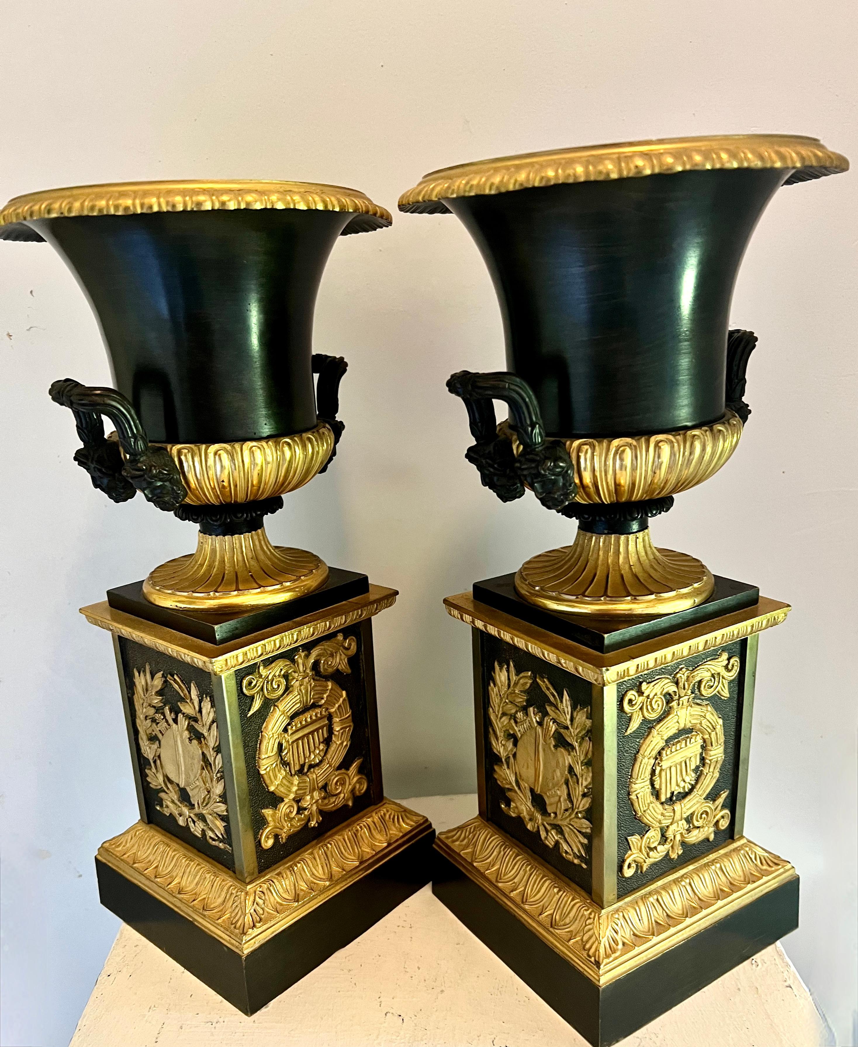 Pair of French Empire Dore Bronze Urns on Pedestals For Sale 4