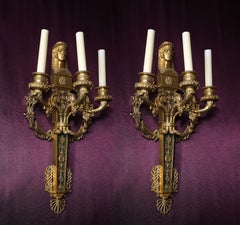 Pair of French Empire Dore & Patinated Bronze Egyptian Revival 3-Light Sconces