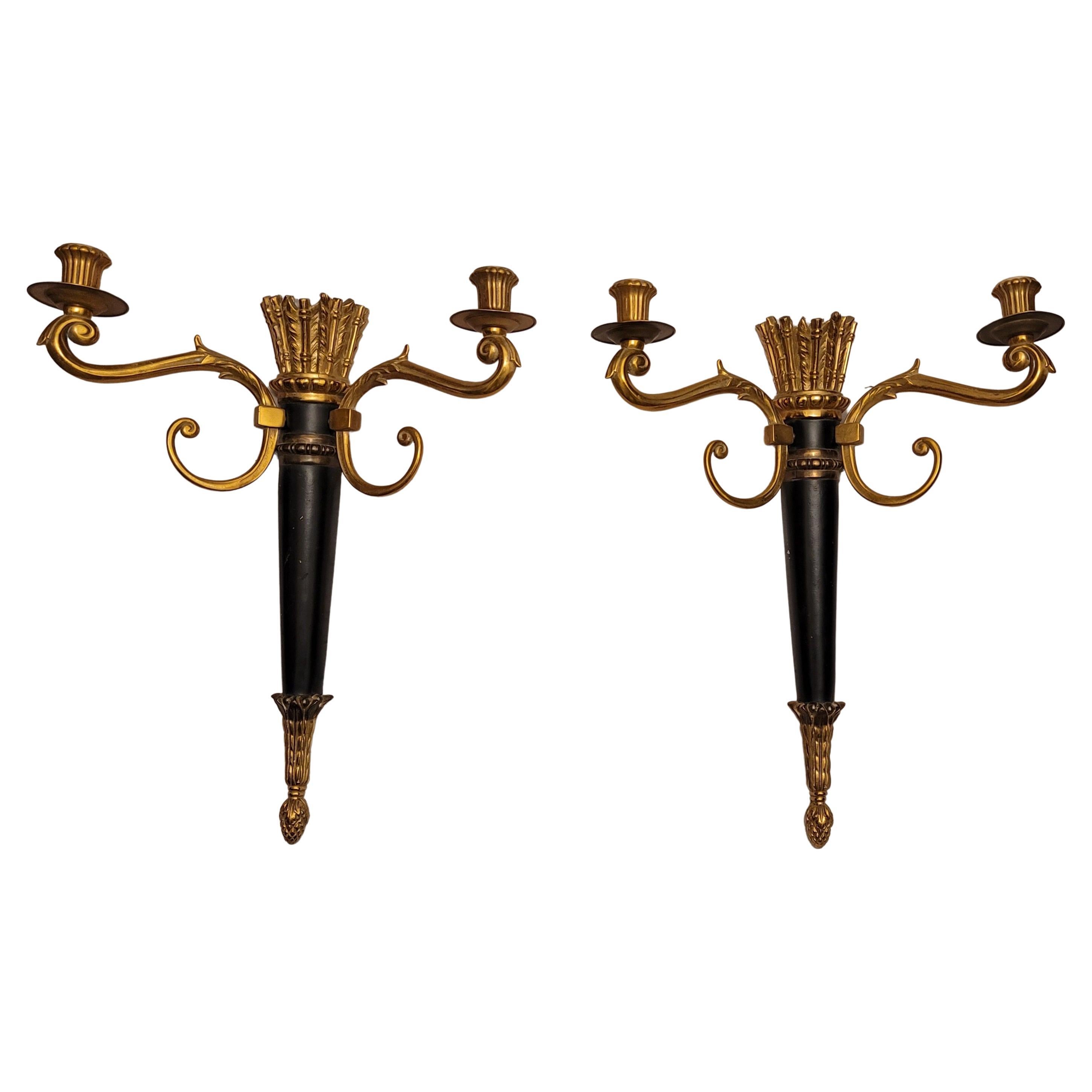 Pair of French Empire Ebonized Parcel Gilt Bronze Candle Sconces In Good Condition For Sale In Germantown, MD
