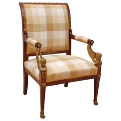 Pair of French Empire Fauteuils in Mahogany with Bronze Doré Ormolu, circa 1810
