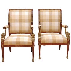 Antique Pair of French Empire Fauteuils in Mahogany with Bronze Doré Ormolu, circa 1810