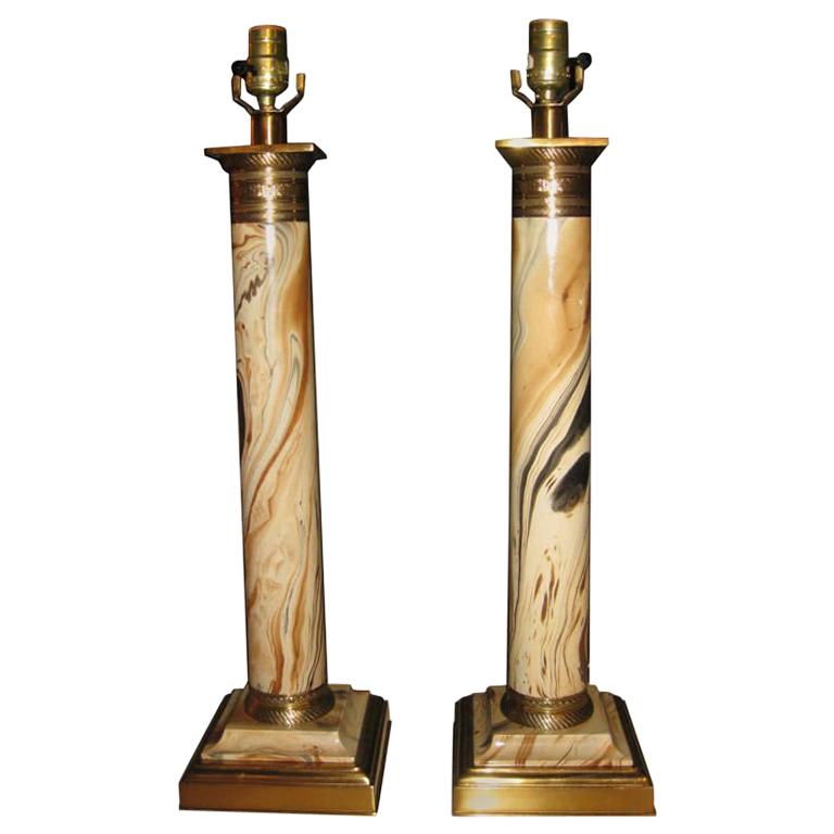 Pair Of French Empire Faux Marble Column Lamps For Sale