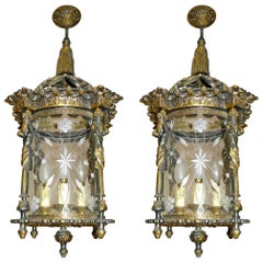 Pair of French Empire Fire Gilded Bronze Cut Glass Four-Light Lantern/Chandelier