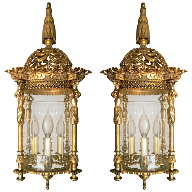 Zwei Französische Empire Vergoldete Bronze Schliff Glas Laterne/Kronleuchter mit 4 Leuchten 1