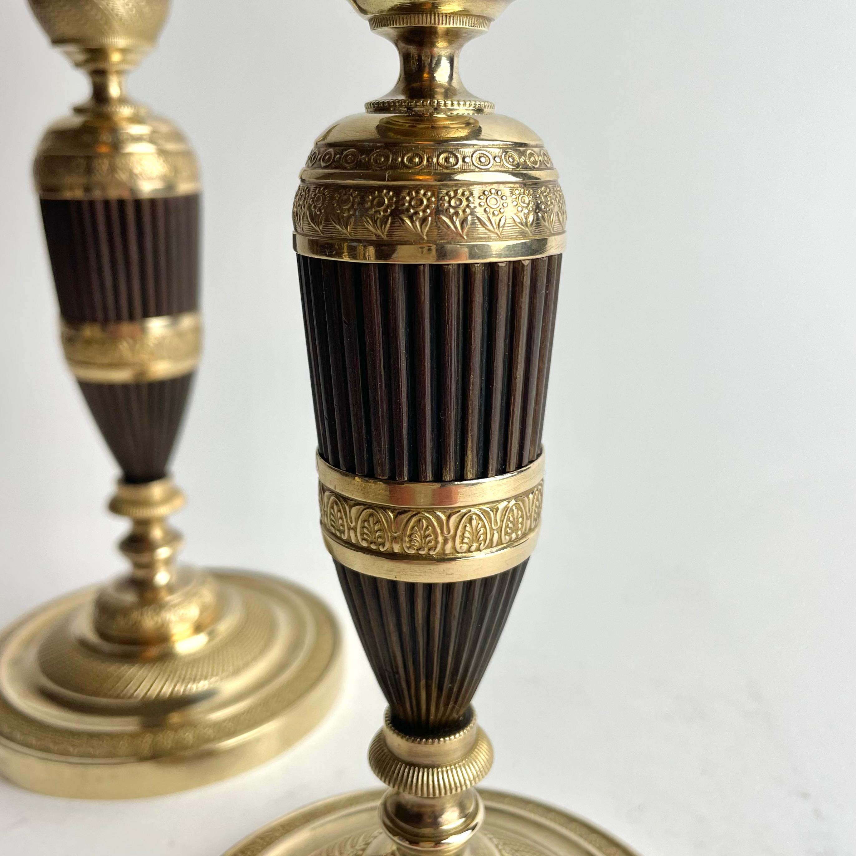 Pair of French Empire Gilt and Patinated Bronze Candlesticks, 1820s For Sale 2
