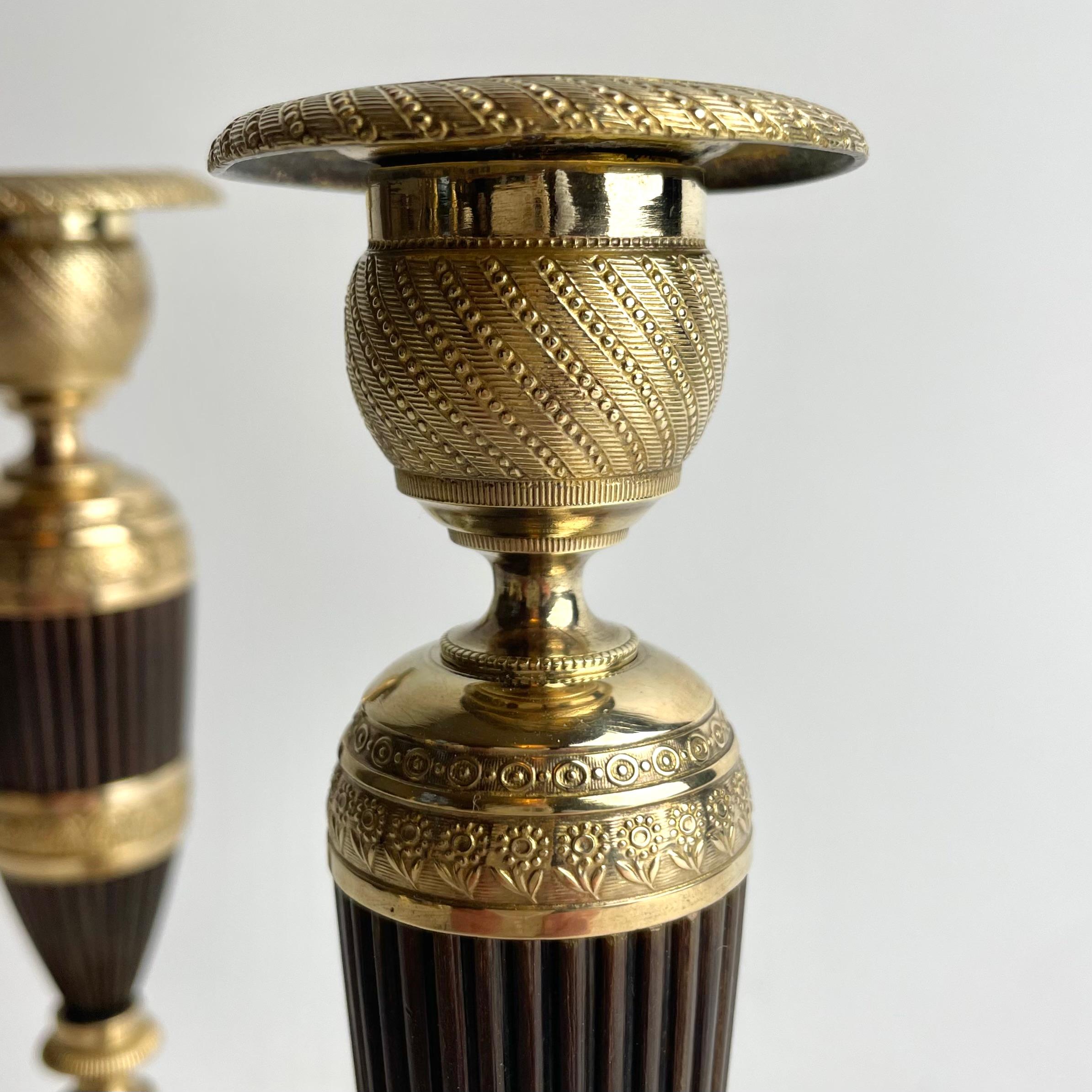 Pair of French Empire Gilt and Patinated Bronze Candlesticks, 1820s For Sale 3