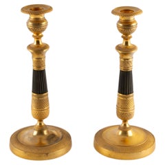 Pair of French Empire Gilt and Patinated Bronze Candlesticks, 19th C