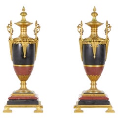 Pair of French Empire Gilt Bronze and Marble Urns