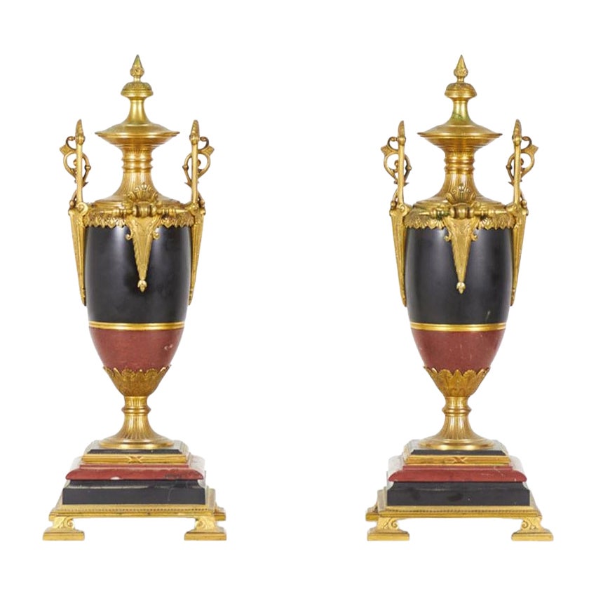 Pair of French Empire Gilt Bronze and Marble Urns For Sale