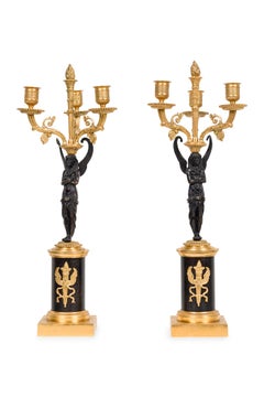 Pair of French Empire Gilt Bronze and Ormalu Candelabras