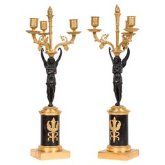 Paar französische Empire-Kandelaber aus vergoldeter Bronze und Ormalu