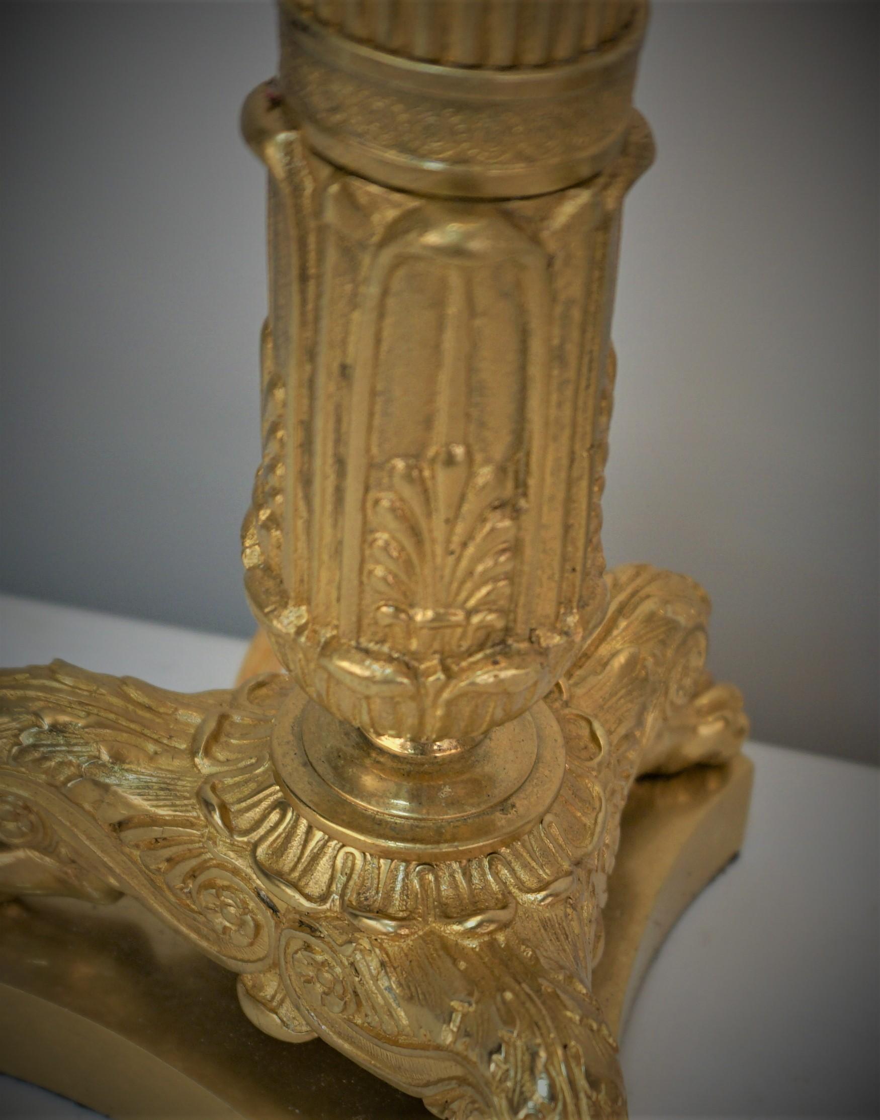 Pair of French Empire Gilt Bronze Candlestick Lamps In Good Condition For Sale In Fairfax, VA