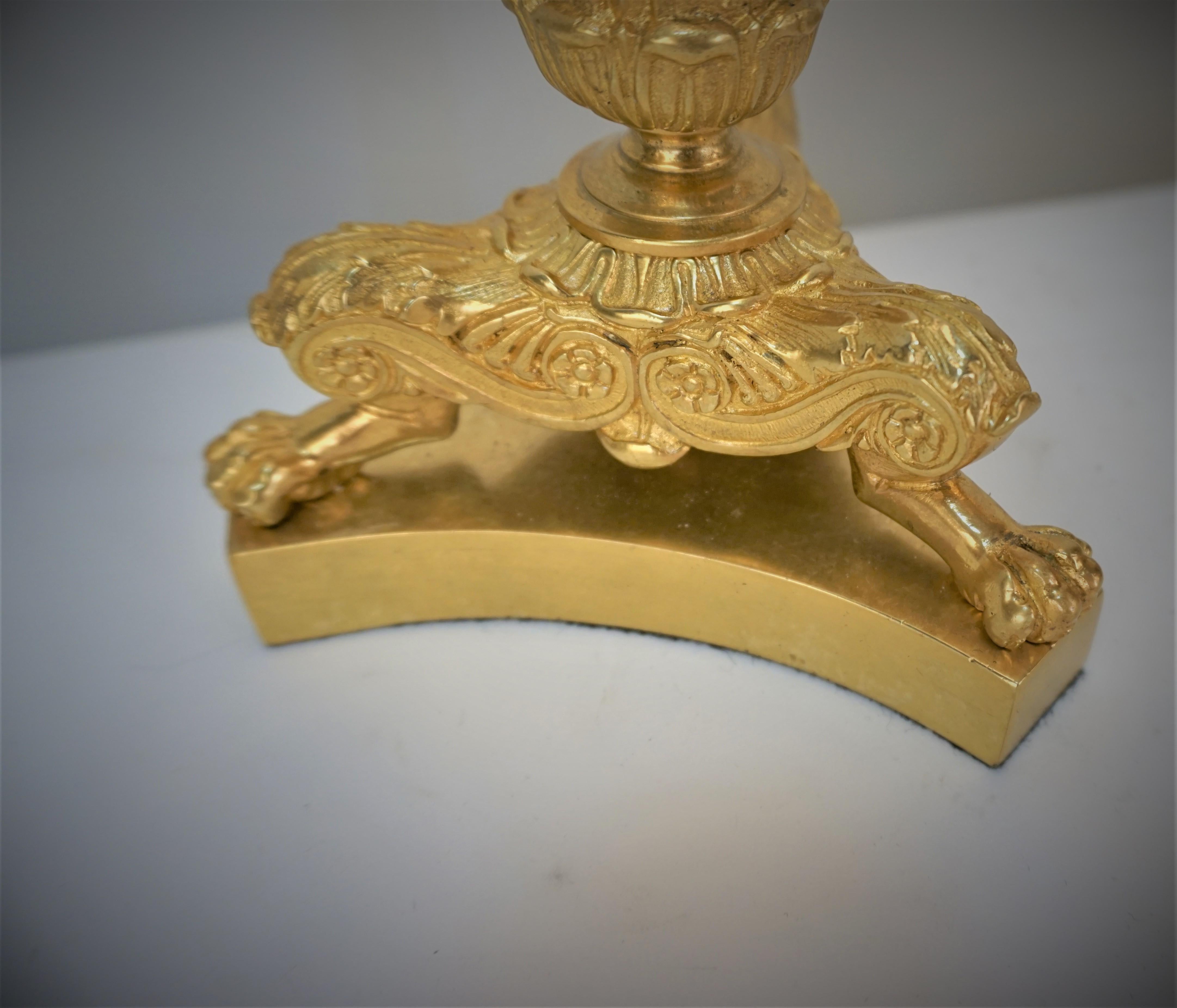 Pair of French Empire Gilt Bronze Candlestick Lamps For Sale 1