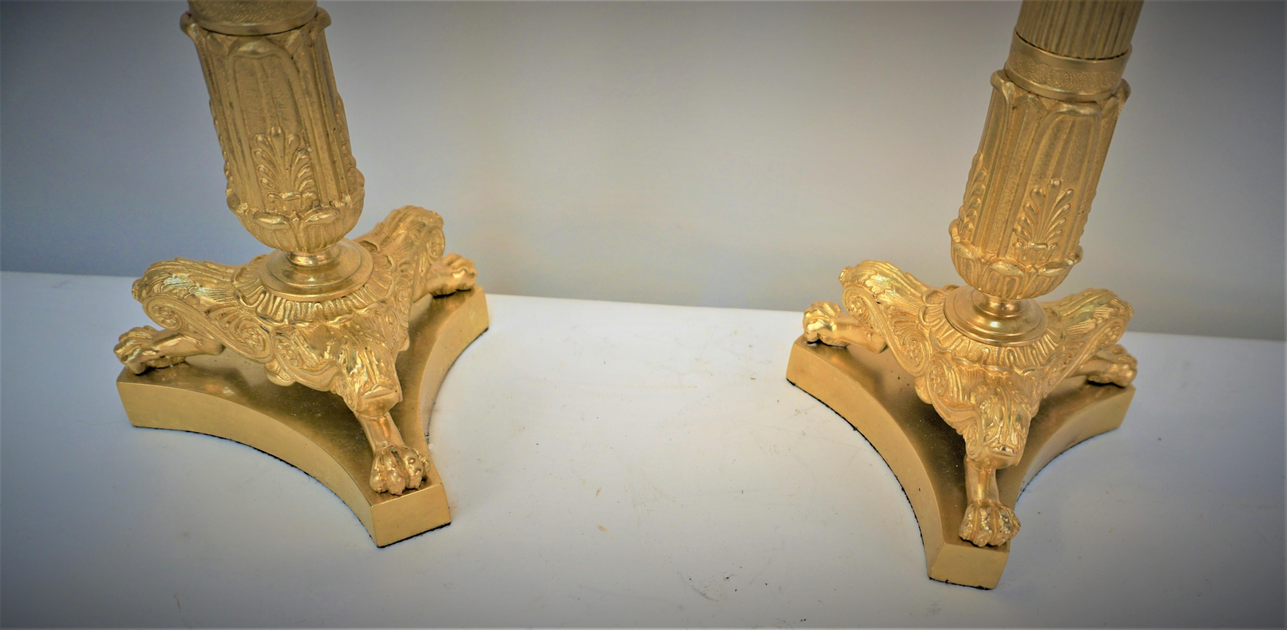 Pair of French Empire Gilt Bronze Candlestick Lamps For Sale 3