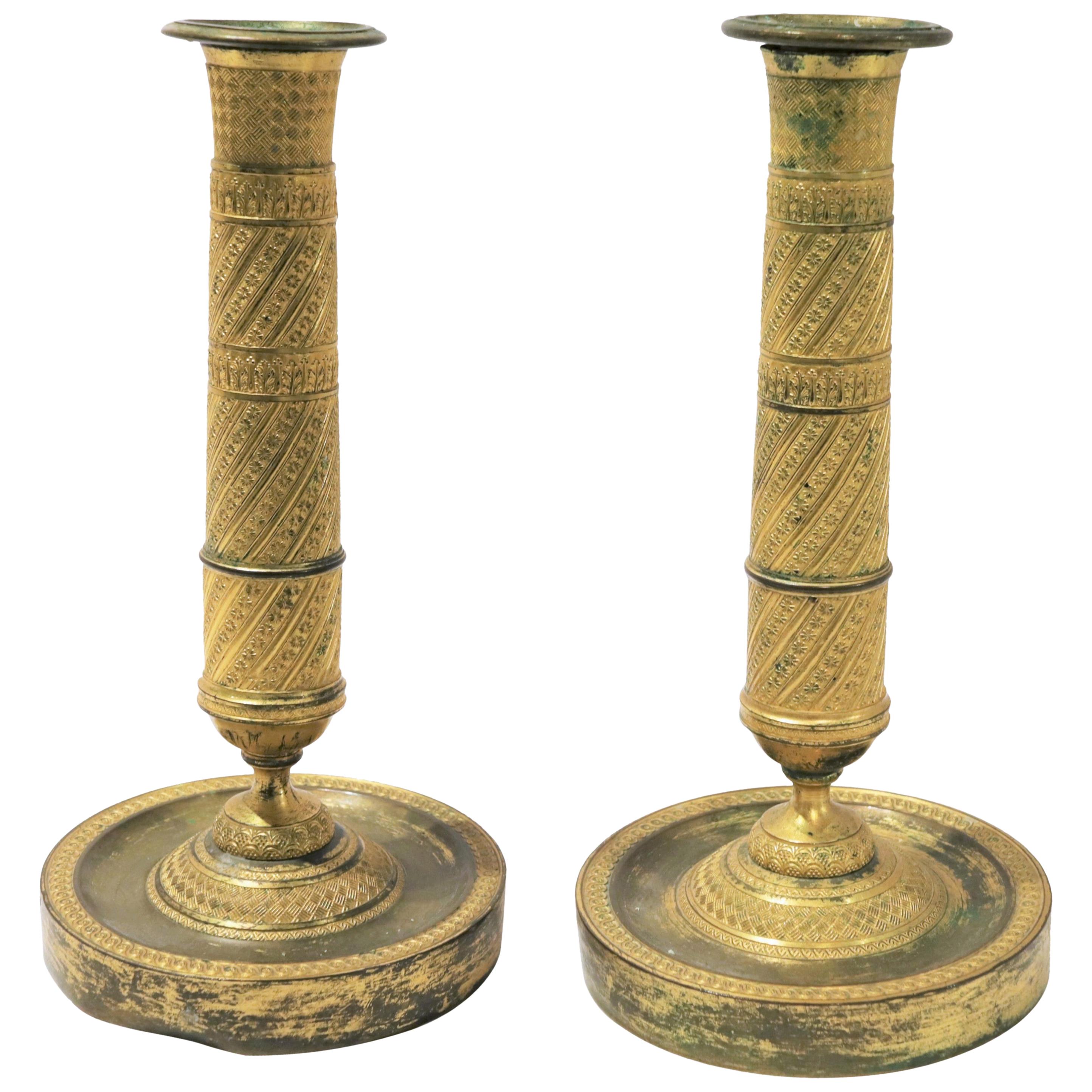 Pair of French Empire Gilt Bronze Candlesticks at 1stDibs