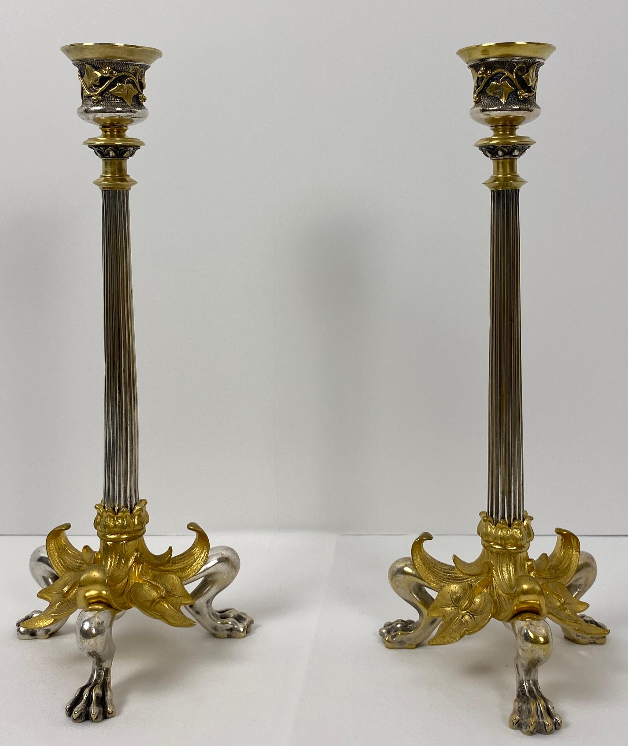 Pair of French Empire Gilt Bronze Candlesticks with Hoofed Faun Feet, circa 1890 In Good Condition For Sale In Miami, FL