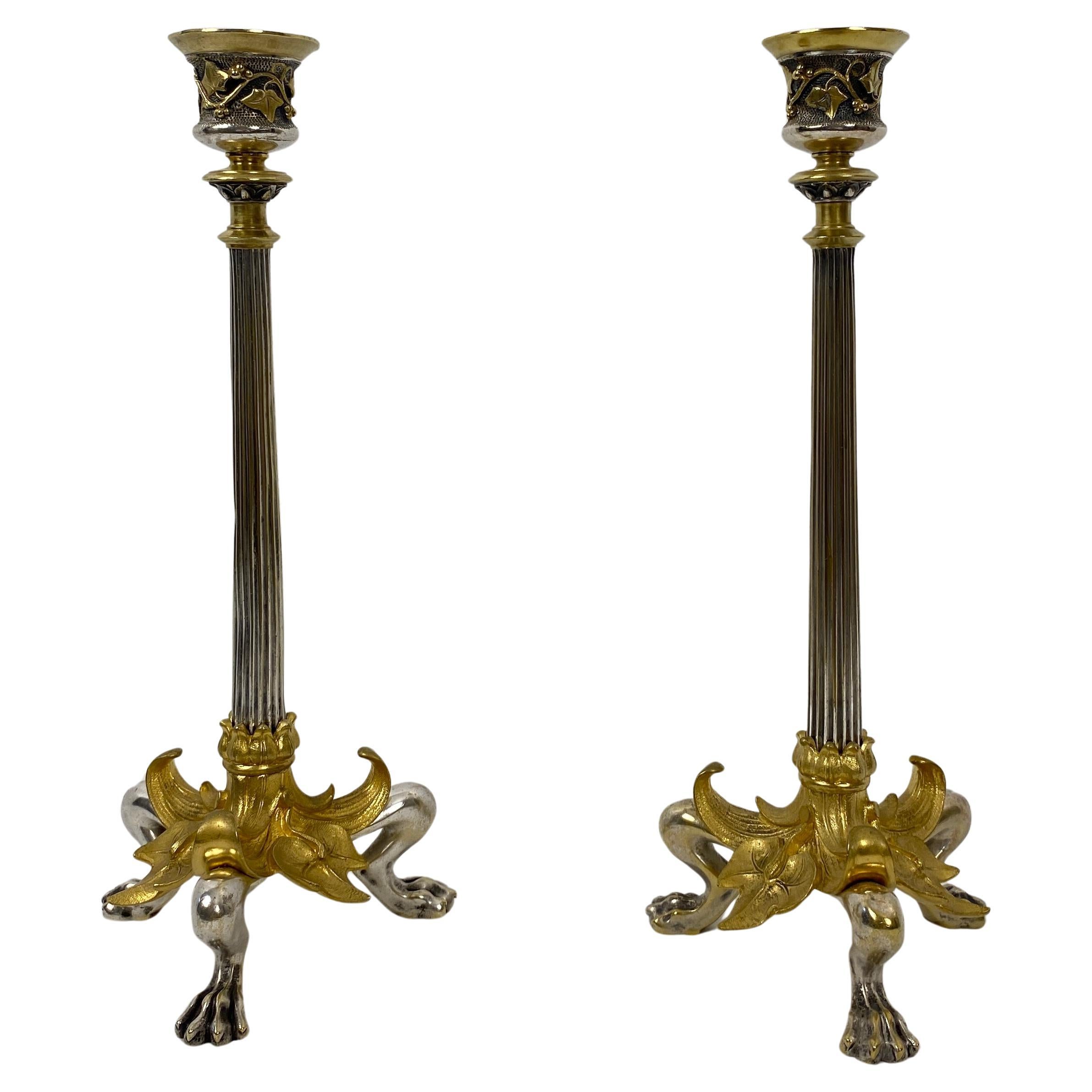 Pair of French Empire Gilt Bronze Candlesticks with Hoofed Faun Feet, circa 1890 For Sale