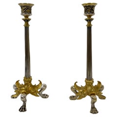 Antique Pair of French Empire Gilt Bronze Candlesticks with Hoofed Faun Feet, circa 1890
